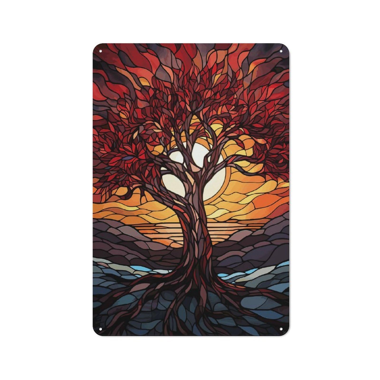 Junmoney Style-15 Tree Of Life Stained Glass Printed Metal Sign 30X20cm For Lounge Or Reading Corner, A Winter Wall Decor Update For Reading Corner Decorators