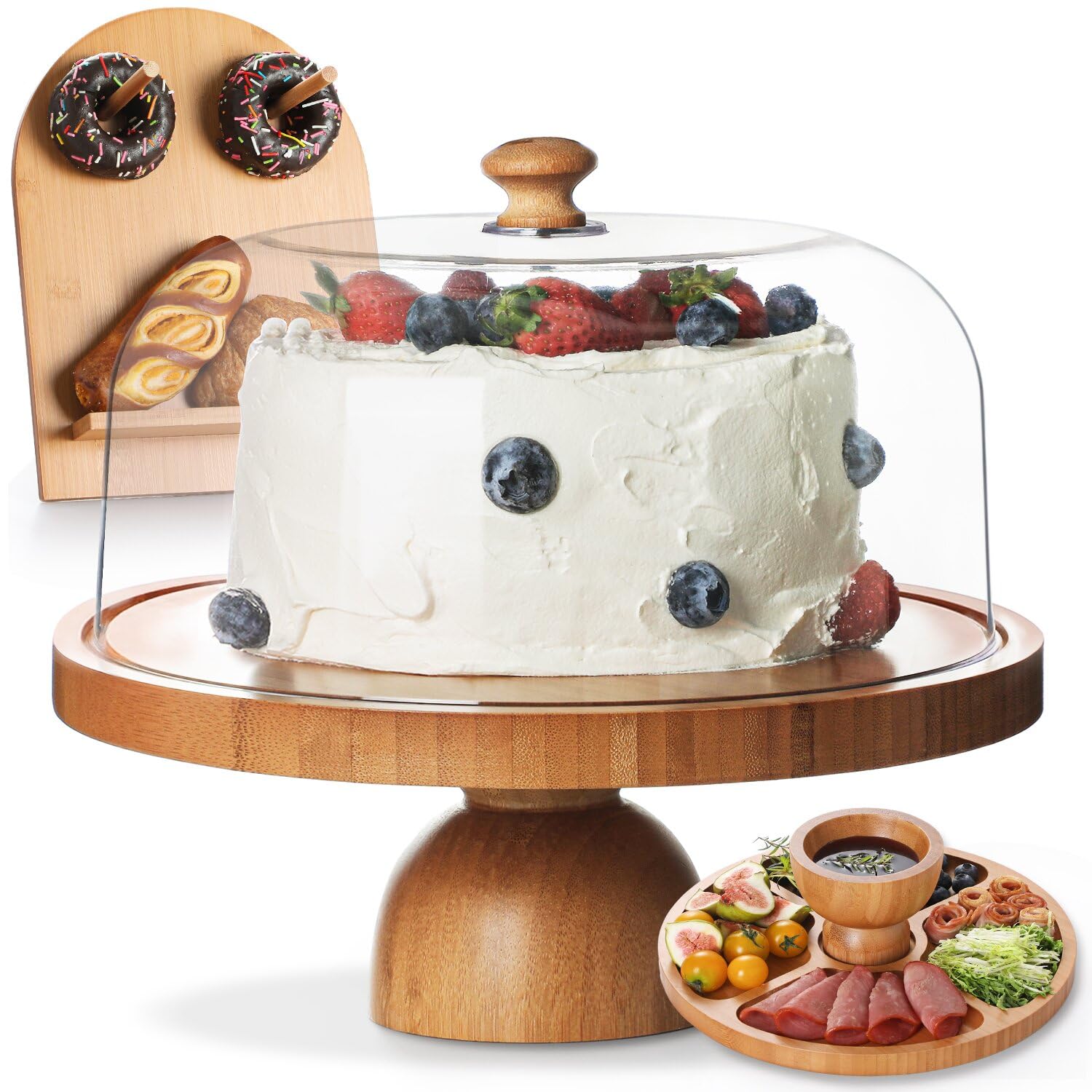 Photo 1 of ***MISSING DOME LLID -SELLING AS PARTS ONLY*** Emojoy Bamboo Cake Stand , 11in Round Cake Stand, Versatile Dessert Table Display Set, Cake Display Stand, Charcuterie Boards for Birthday, Party