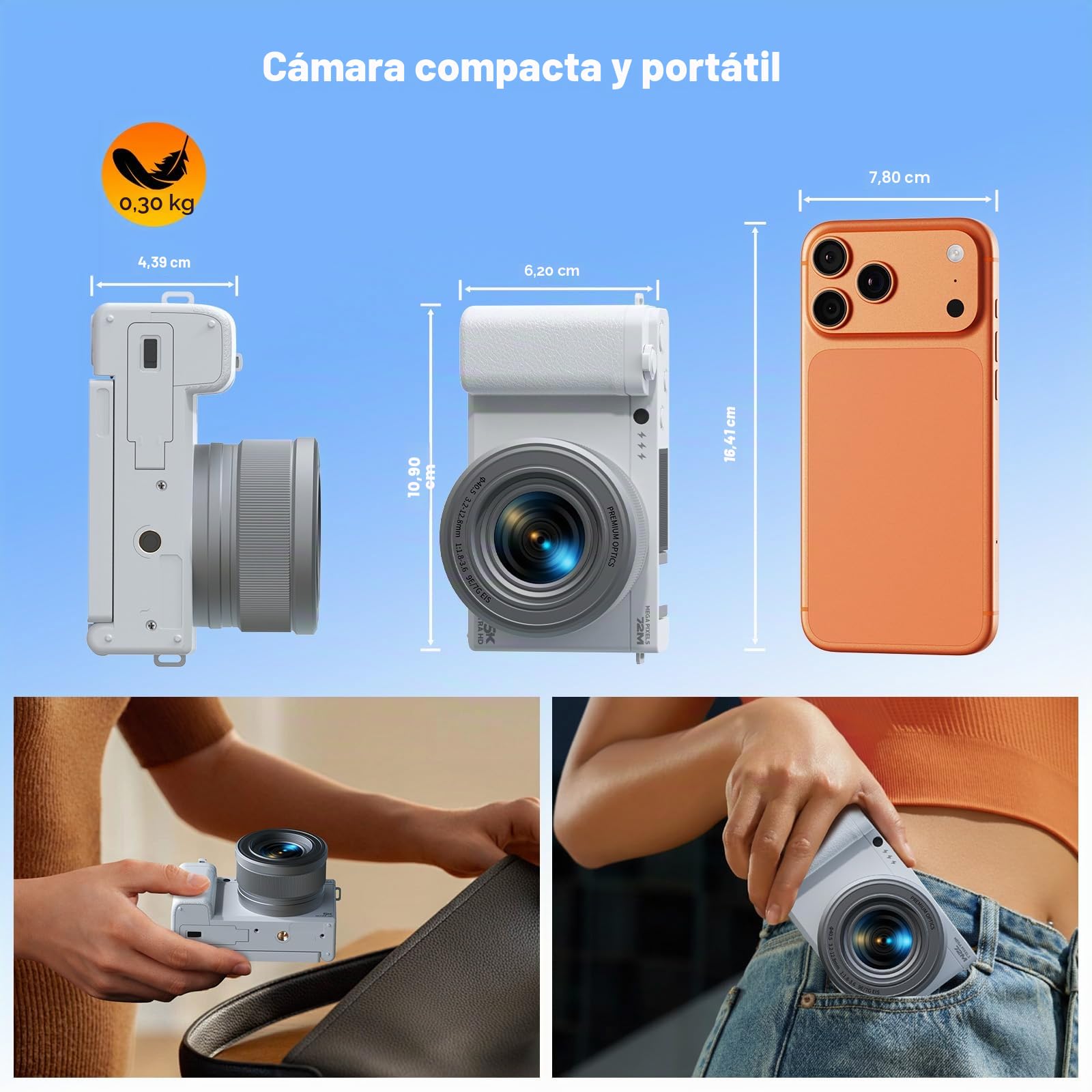 Cámara Digital compacta 5K 72MP, Zoom óptico 6X, Pantalla abatible 2.8" 180°, Enfoque automático, estabilización Imagen, Tarjeta 64GB, 2 baterías, para vlogging y fotografía de Viajes