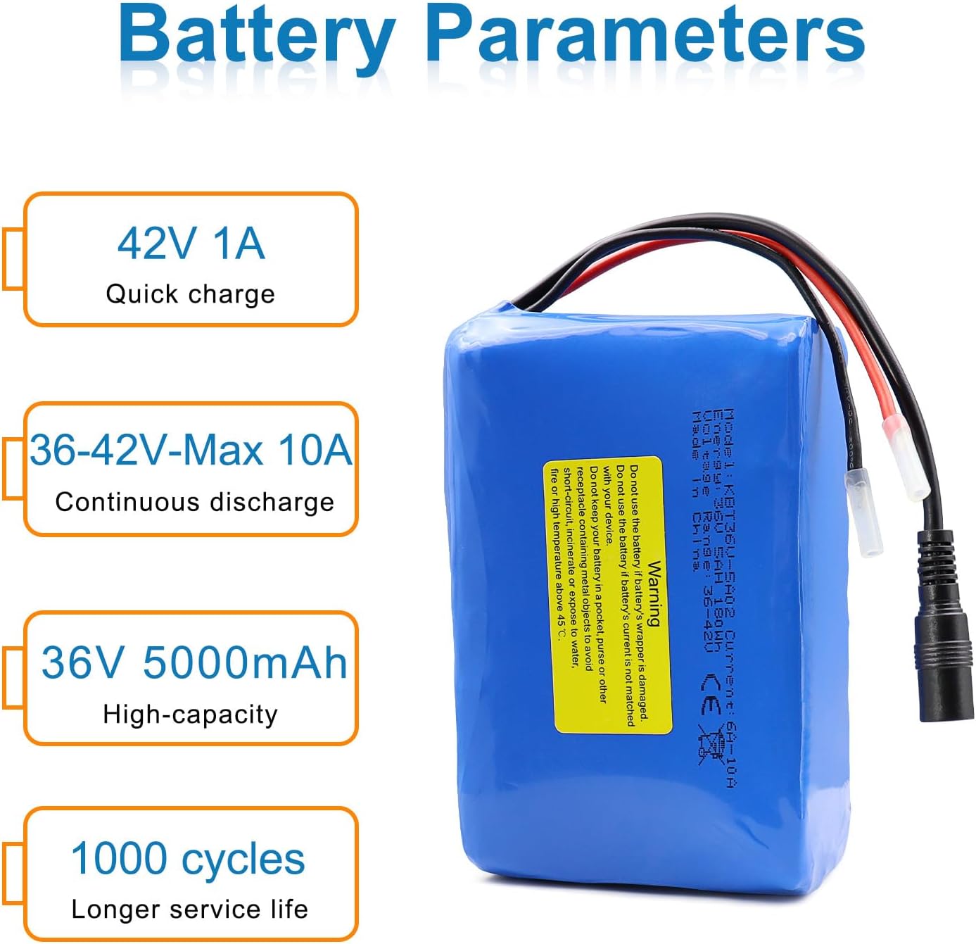 KBT 36V 5Ah Rechargeable Li-ion Battery Pack, with Charger, Charging Cable, Cable Connector, Build-in 10A BMS