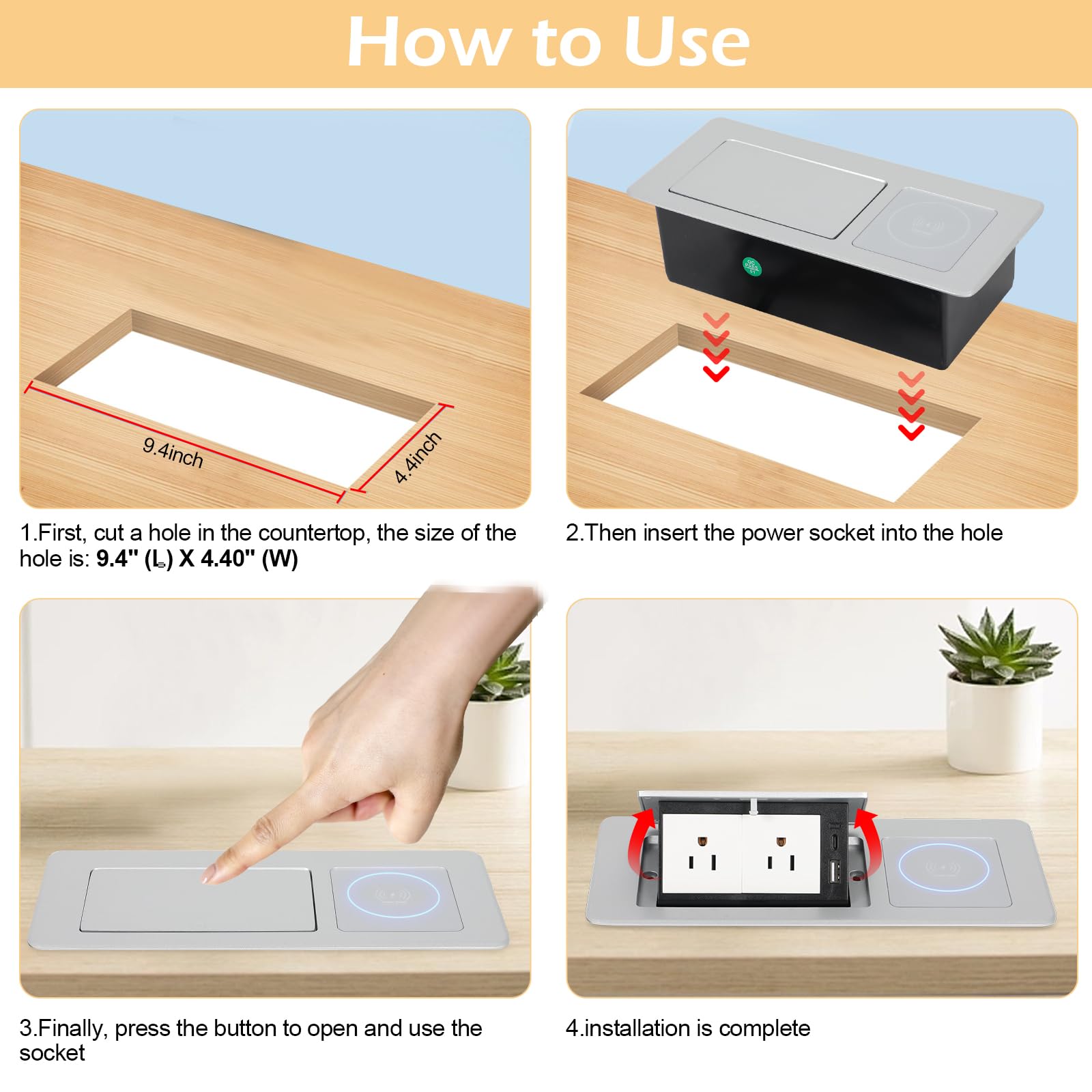 Regleta de alimentación plegable para encimera automática con cargador inalámbrico de 15 W + USB A + USB C + 2 cables de CA de 5.9 pies para conferencias, computadora, oficina, cocina (plateado)