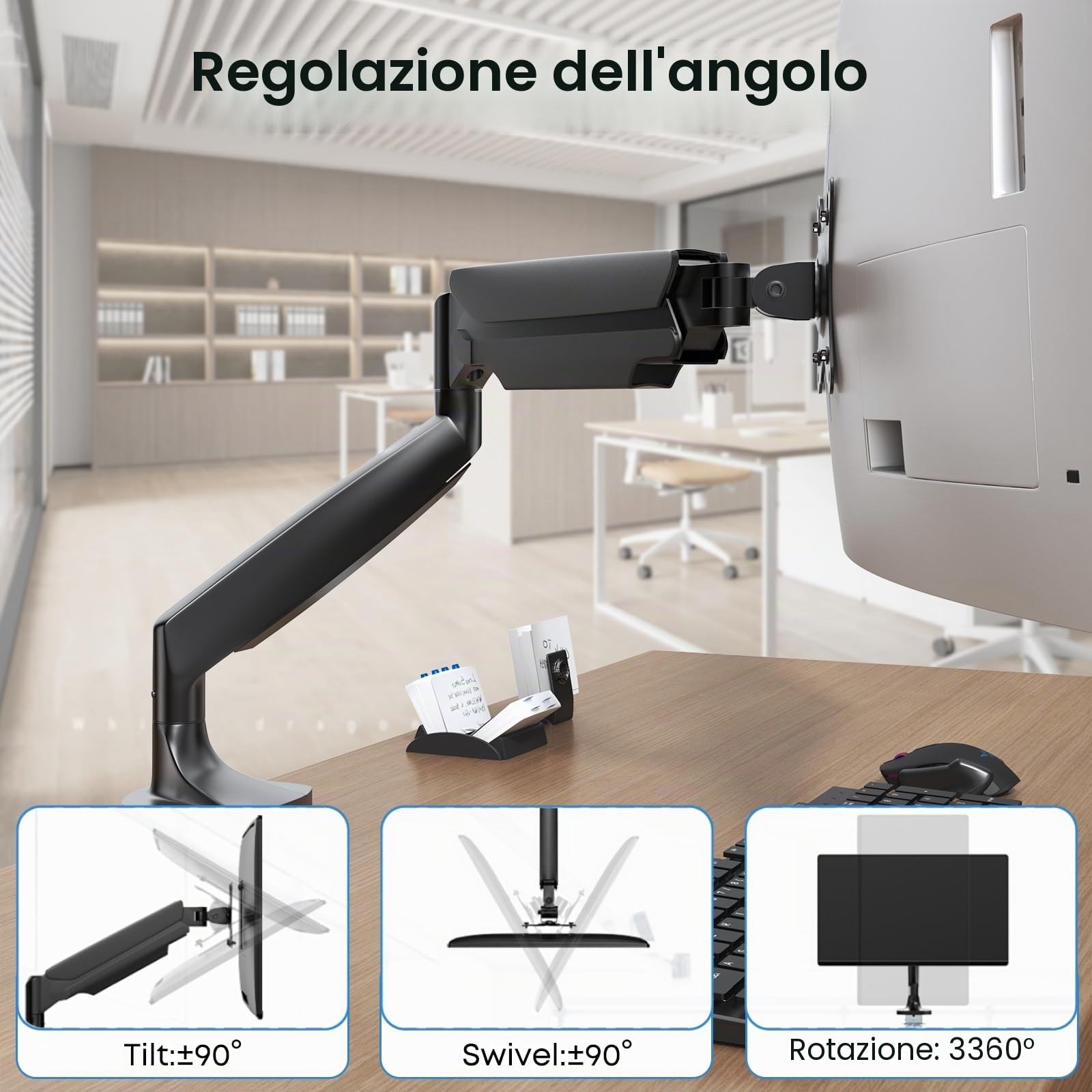 Braccio per monitor pesanti per monitor ultra larghi fino a 45 pollici e 15kg, supporto da scrivania singolo completamente regolabile con morsetto a C e gommino da scrivania, VESA massimo 100x100,nero