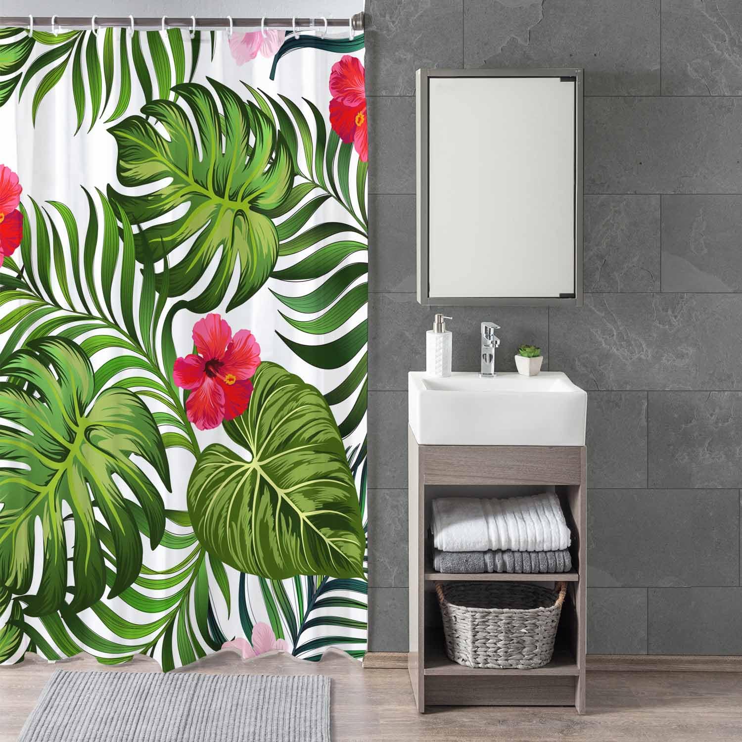 Woutay Shower Curtain Mould Proof Resistant Tropical Green Palm Leaves and Hibiscus Flower,Water Repellant Fabric,Polyester,with 12 Plastic Hooks,Size 180x180CM - Image 3