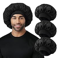 Vista 9 de Gorro para hombre, gorro de doble capa para dormir, gorro negro ajustable con banda elástica, gorros de satén de seda para trenzas de cabello rizado