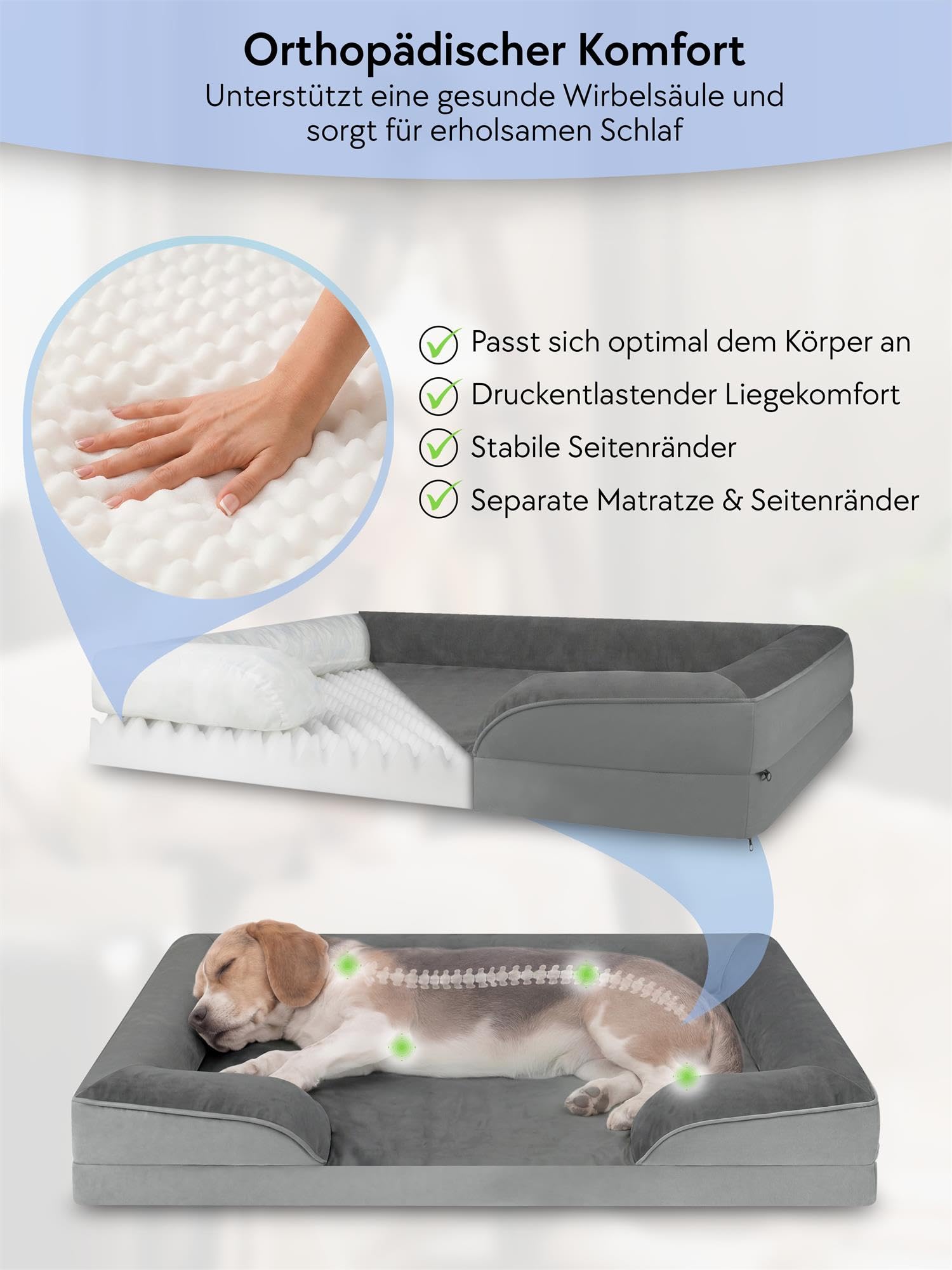 normani Ergonomisches Hundebett für große, mittlere und kleine Hunde - Orthopädisches Hundekissen - Hundecouch mit hohem Rand Anthrazit 60 cm x 80 cm x 16 cm