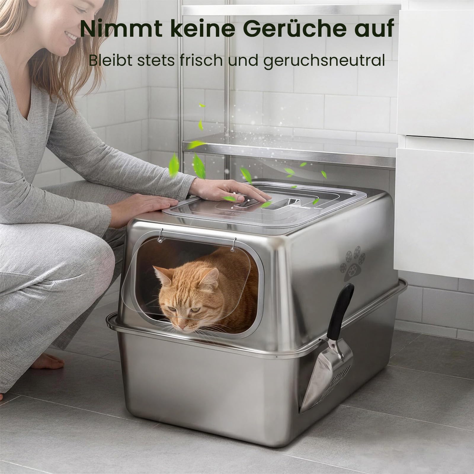 PTLOM XXL Katzenklo Edelstahl, Auslaufsicheres Katzenklo mit Deckel, großem Metall-Streubehälter, Geschlossenes Katzentoilette mit hohem Rand, inkl. Streuschaufel und Streumatte, 60x40x40cm