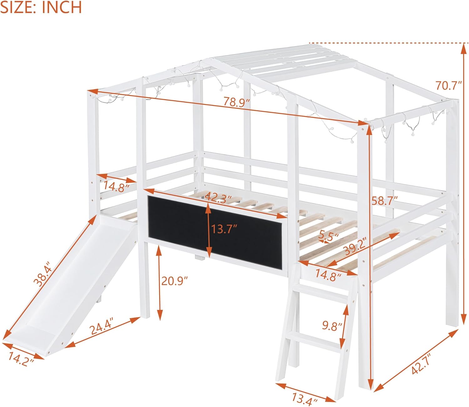 Detailed dimensions diagram for the SOFTSEA Twin Size Loft Bed