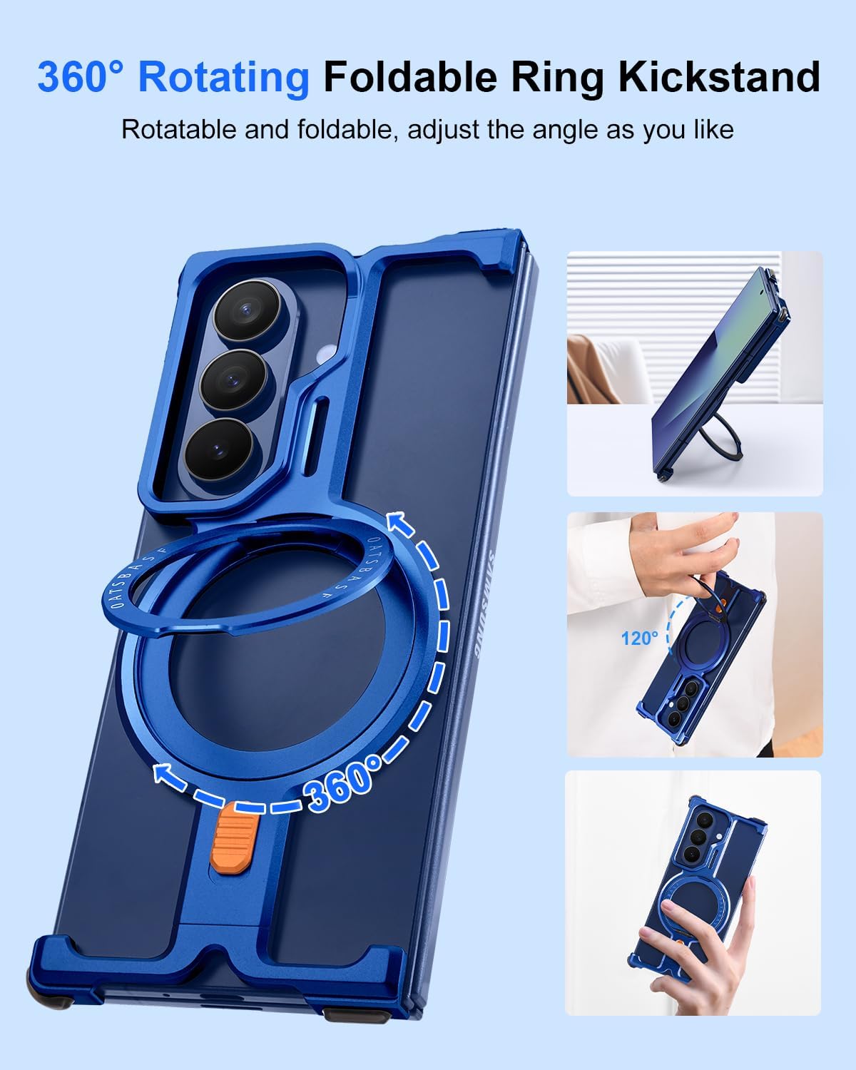 for Samsung Galaxy Z Fold 7 Phone Case,with 360°Rotatable Kickstand Magnetic Ring Stand,Frameless Metal Minimalist Bumper Case,Protective Shockproof for Samsung Z Fold7 Cover(Blue Shadow)