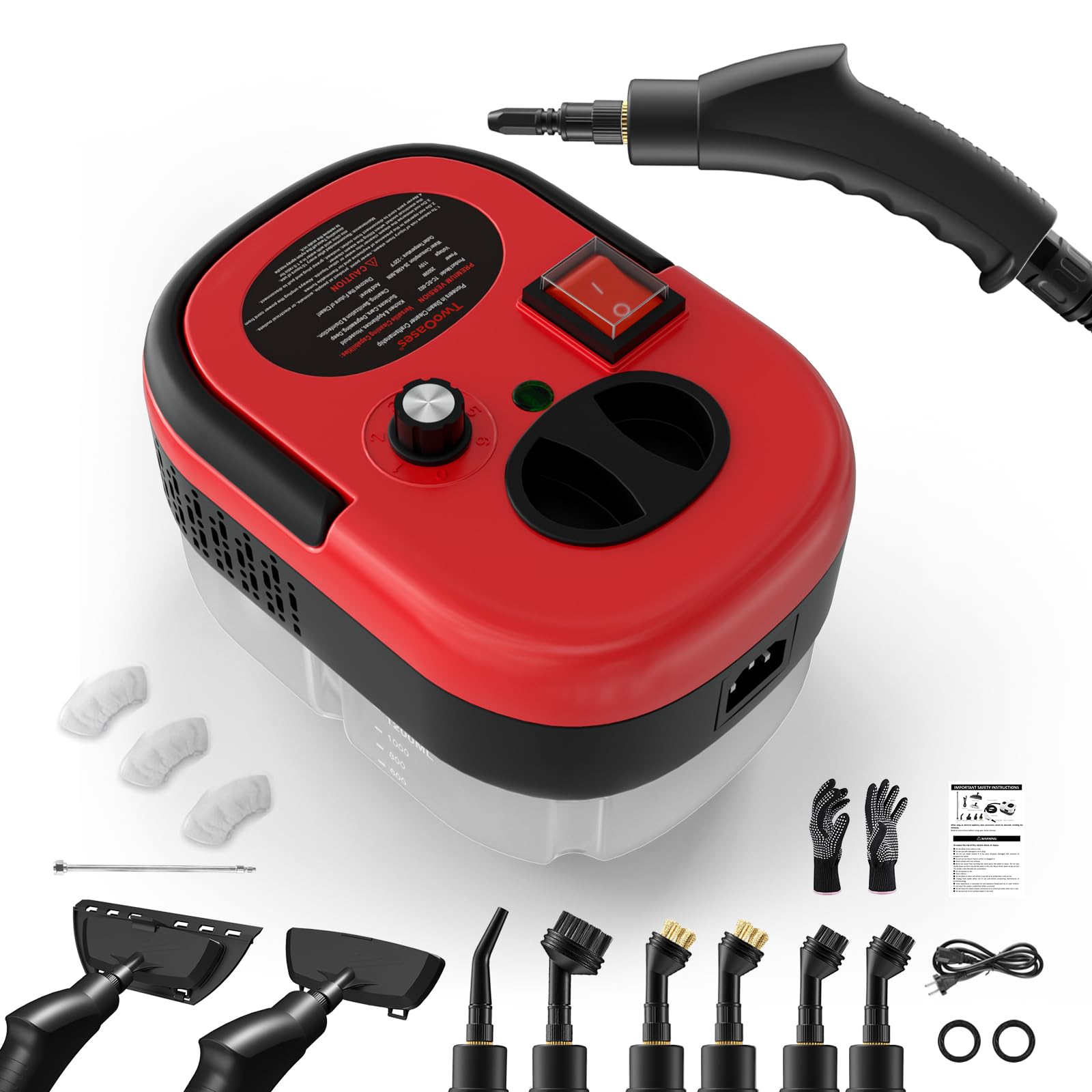 Limpiador a Vapor, Depósito de Agua de 1,2 L, Ajuste de 6 Niveles, Rojo | Calentamiento en 15s, Vaporeta Limpieza Hogar con 15 Accesorios, Vaporeta Portátil para Coche, Ventanas, Cocina, Baño