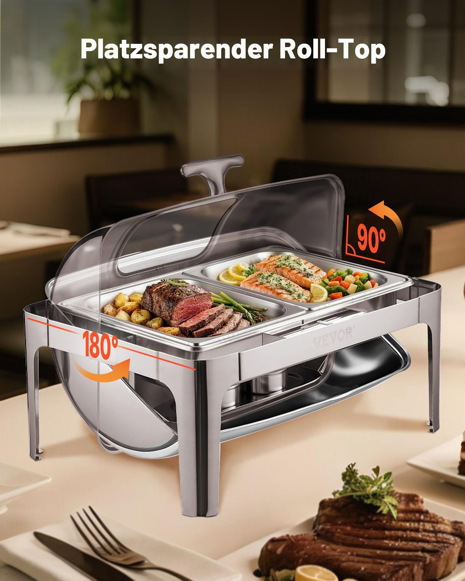 VEVOR Chafing Dish Set Speisenwärmer Edelstahl mit 2 Pfannen in halber Größe (3,9 L), rechteckiger Wärmespender mit sichtbarem Deckel & Wasserpfannenständer & Brennstoffhalter, für Partys Silber