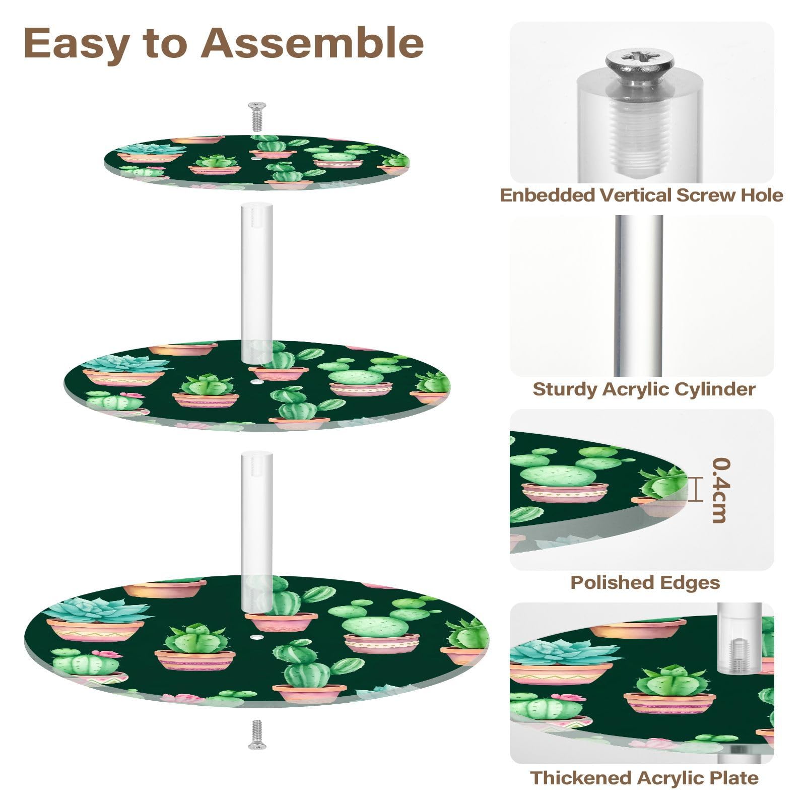 Nander 3 Tier Cupcake Stand,Cute Cactus Large Cupcake Tower Display, Round Cupcake Holder, Acrylic Dessert Stand, Pastry Display Tree for Party, Wedding, Baby Shower