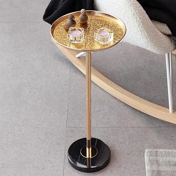 extrasleep Adjustable Side Table, Small Tea Martini Table, Gold, Natural Marble Decorative Pedestal End Table for Display and Storage