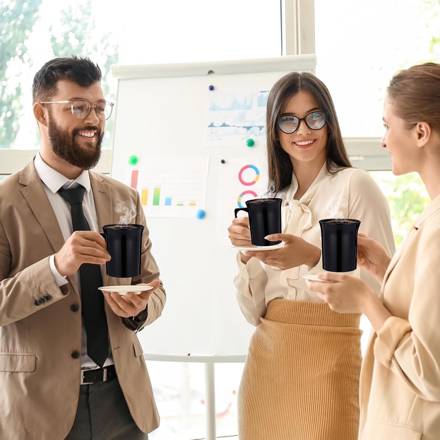 LemonRoad 100 Pcs 8 oz Hard Plastic Coffee Cup Bulk with Handle Disposable Tea Mug Coffee Mugs Reusable for Wedding Bridal Shower Baby Shower Graduation Birthday Party Cafe Restaurant(Black)