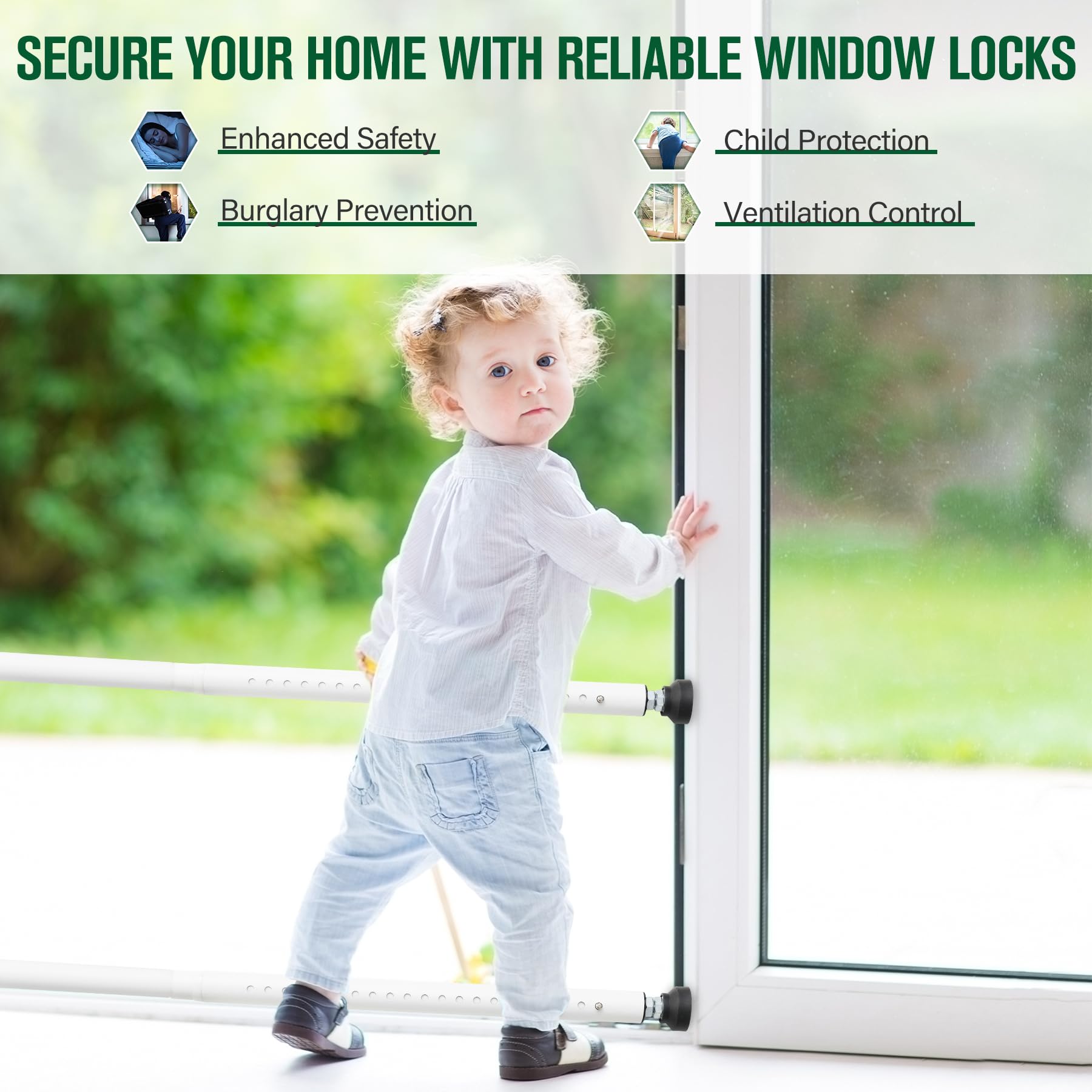 Cerraduras de ventana y barra de seguridad para puertas correderas, paquete de 2 cerraduras de seguridad ajustables para niños para ventanas arriba/abajo/horizontales y puertas corredizas de vidrio