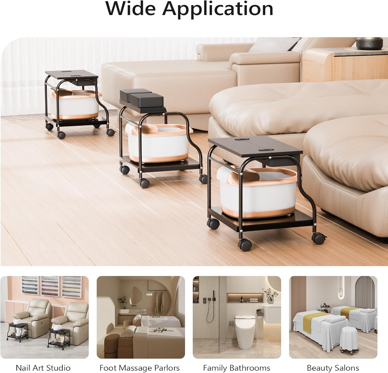 OmySalon Pedicure Cart Foot Bath Trolley, Portable Salon Nail Esthetician Rolling Cart, Adjustable Manicure & Foot Massage Stool w/PU Cushion, Locking Wheels, for Spa, Salon & Home (Black)
