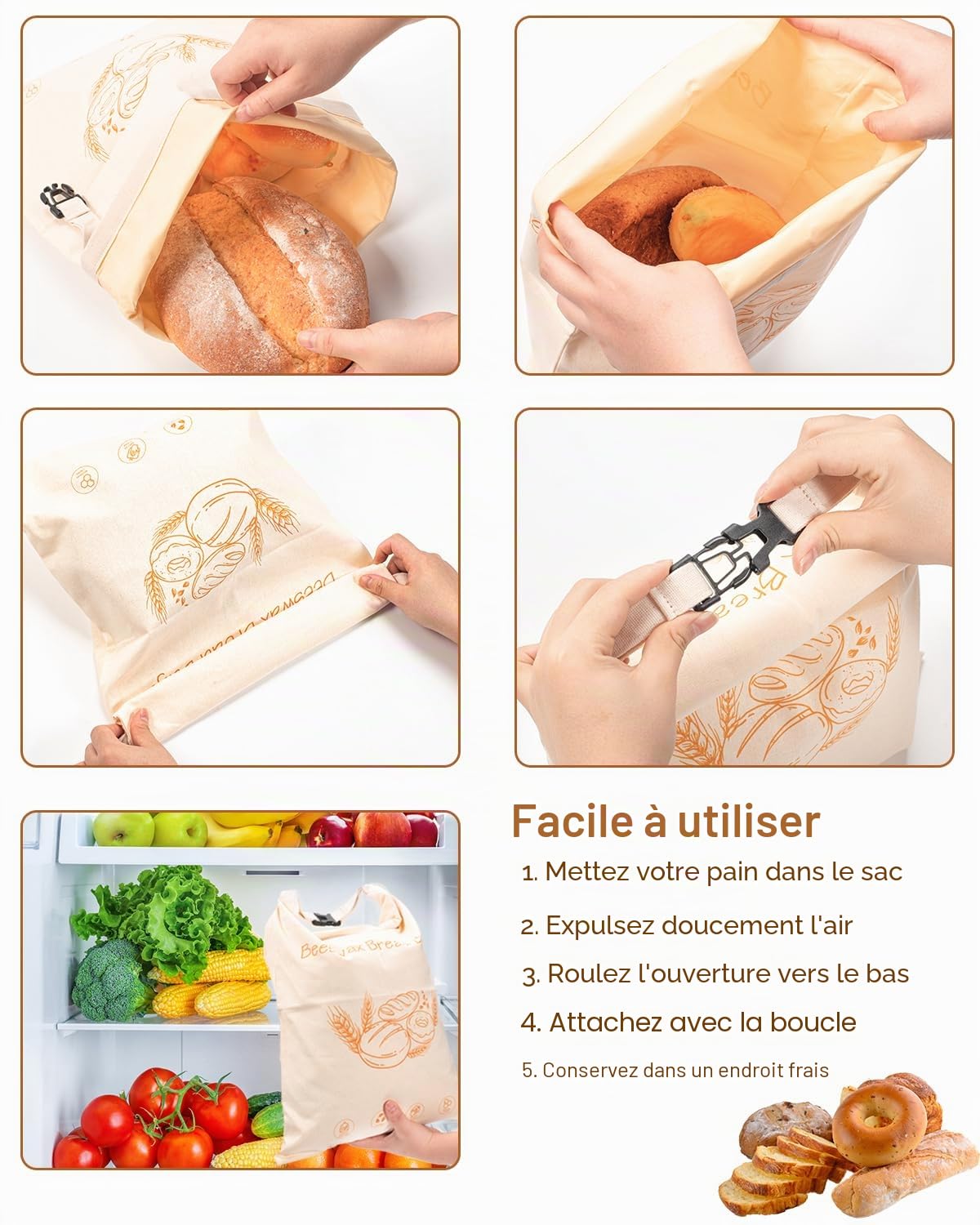 2 Sacs à Pain en Cire d’Abeille 43×33 cm – Sac de Conservation Réutilisable en Coton, pour Pain au Levain et Baguette, Sac Écologique pour Garder la Fraîcheur du Pain
