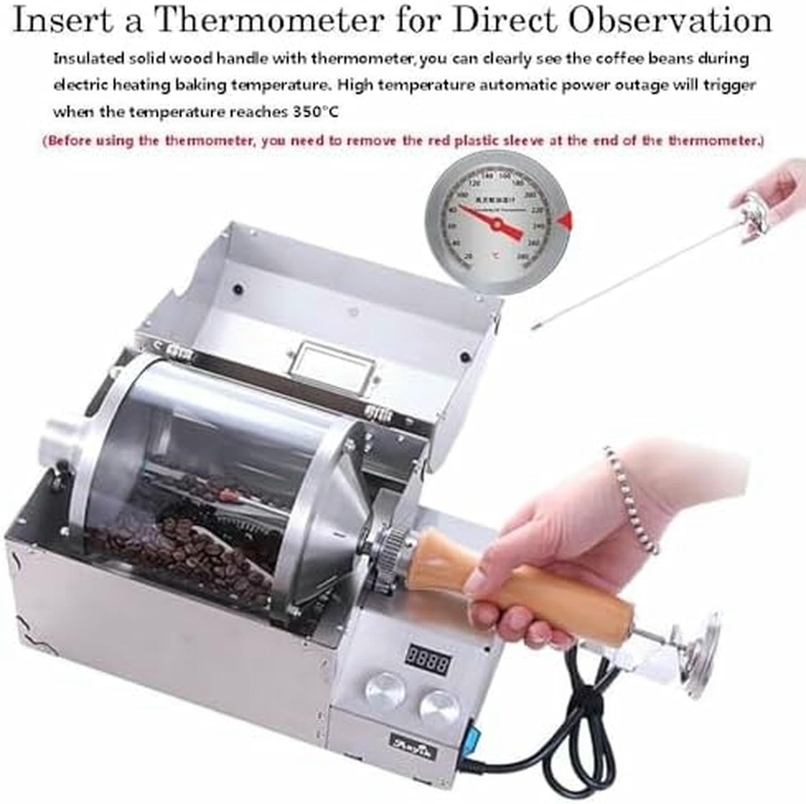 Tostadore Elettrico per caffè, 1200W, Termometro, Tamburo di Vetro al Quarzo, Temperatura E velocità Regolabili per Tostare caffè E Arachidi