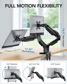 HUANUO Dual Monitor Stand, Fully Adjustable Gaming Monitor Desk Mount for 1327 Computer Screens, Full Motion VESA 75x75/100x100 with C-Clamp & Grommet Base, Each Arm Holds 4.4 to 19.8 lbs
