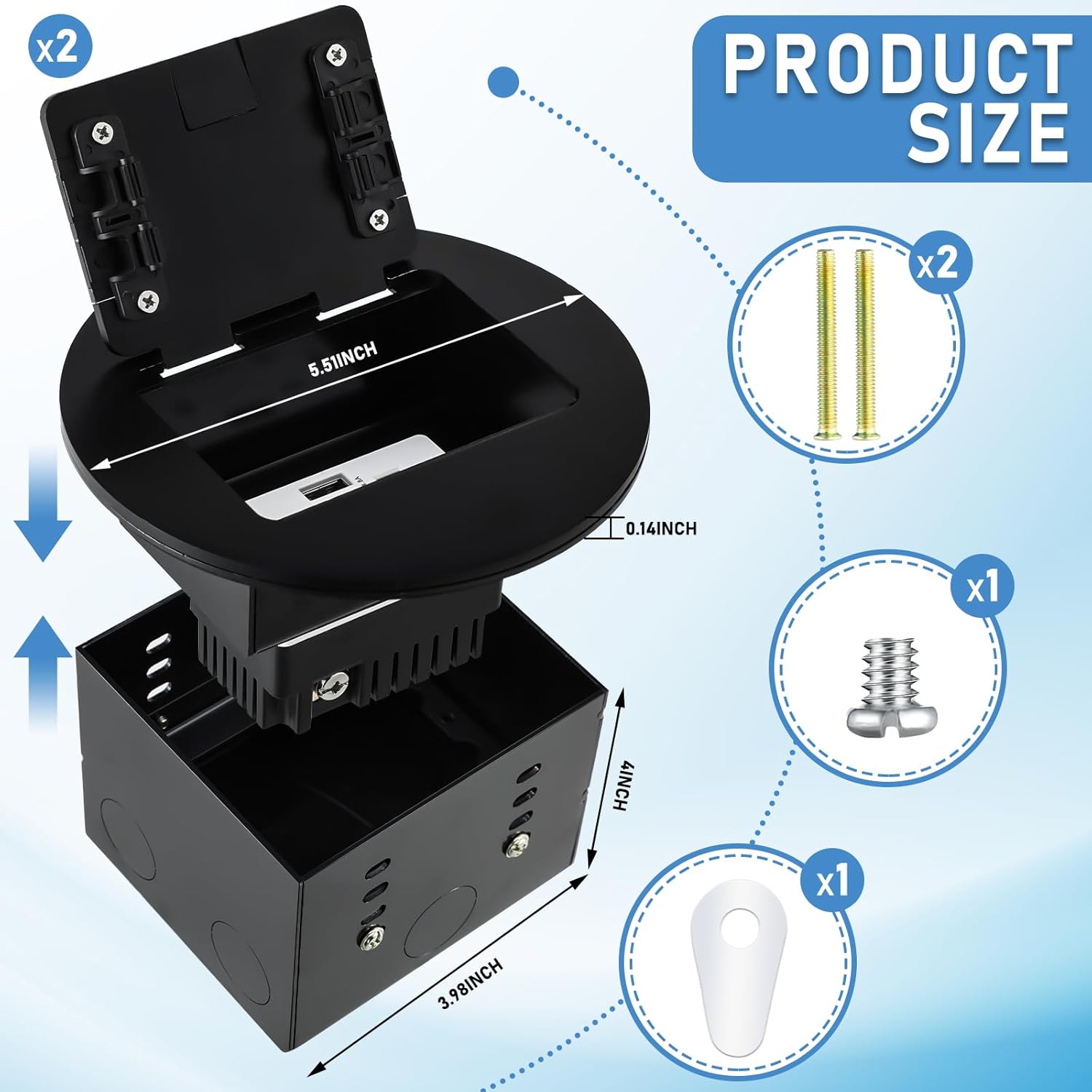 Kanayu 2 Pack Recessed Floor Outlet 3.98"x 3.66"x 4" 1-Gang with 4.8a USB Chargers 20 Amp Floor Receptacles Round Hidden Outlet Kit Electrical Waterproof Box Cover, Etl Listed(Black)