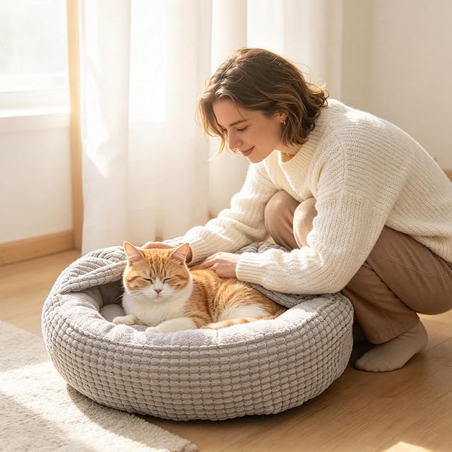 Foto 2 de 7 de PETCUTE Cama Esponjosa y Lavable para Mascotas, Ronda Perro y Gato, Suave Cama Pequeña con Manta…