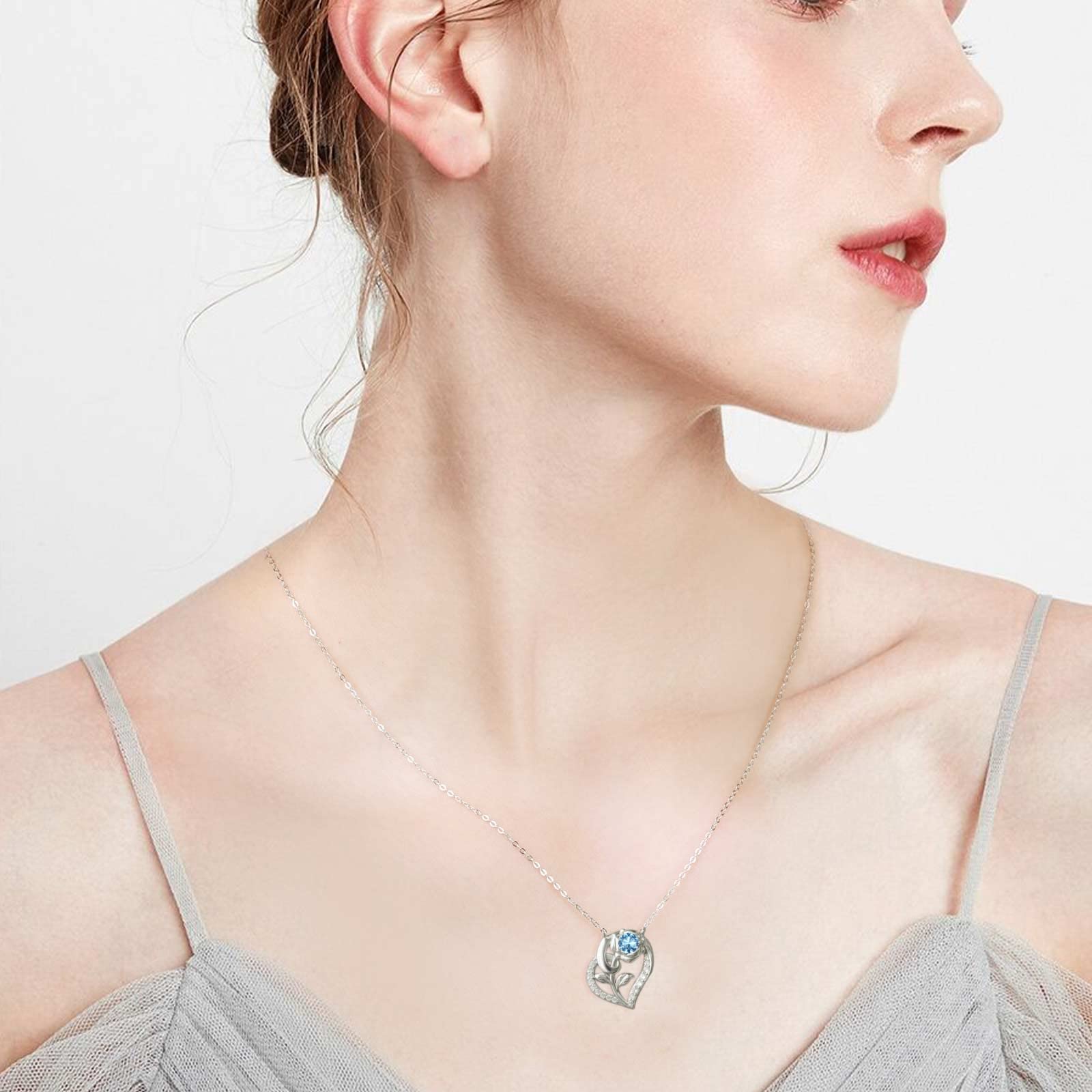 Qings Collar Muje de Corazón Piedras Nacimiento Plata de Ley 925 Collars Rosa Flor Colgante con 5A Circonita Dia de la Madre San Valentin Navidad Joyeria Regalo para Madre Hija Niñas