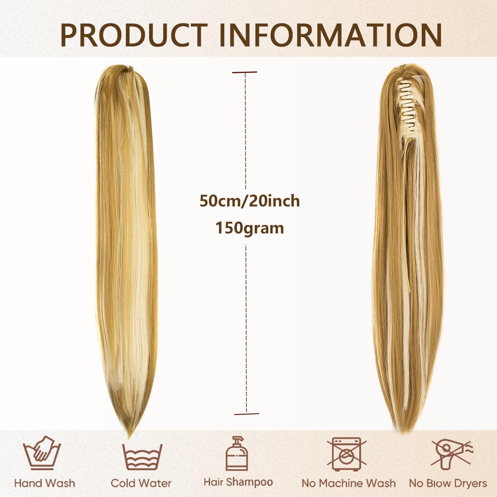 Cybelleza 20inch Ponytail Hair Extensions Straight Ponytail Claw Jaw on Long Straight Pony Tails Clip in Hair Extensions Synthetic Hair pieces for Women Dark Blonde & Bleach Blonde - Image 4