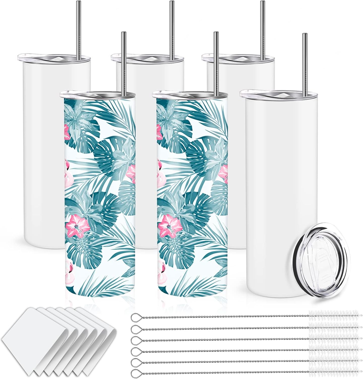 Sublimation Tumblers 20 oz Skinny Bulk Straight, Double Wall Insulated Stainless Steel Sublimation Blanks with Lid, Straw, Straw brush,Polymer Coating for Heat Transfer (6 Pack Glittery White)
