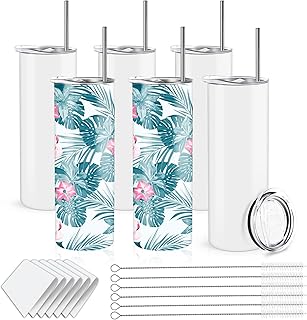 Sublimation Tumblers 20 oz Skinny Bulk Straight, Double Wall Insulated Stainless Steel Sublimation Blanks with Lid, Straw, Straw brush,Polymer Coating for Heat Transfer (6 Pack Glittery White)