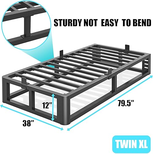 Miniatura 3 de Base de cama metálica resistente de 12 pulgadas tamaño individual XL con esquinas redondeadas y agujeros para cabecero, con sujetadores de colchón