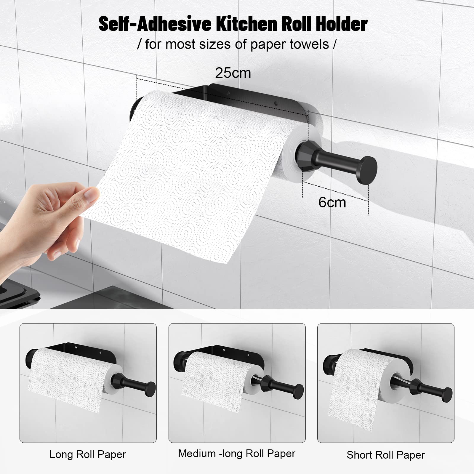 Porta Rotoli Carta Da Cucina Da Parete - Adesivo O A Fori - Alluminio Nero 295mm Per Cucina E Bagno - Foto 7