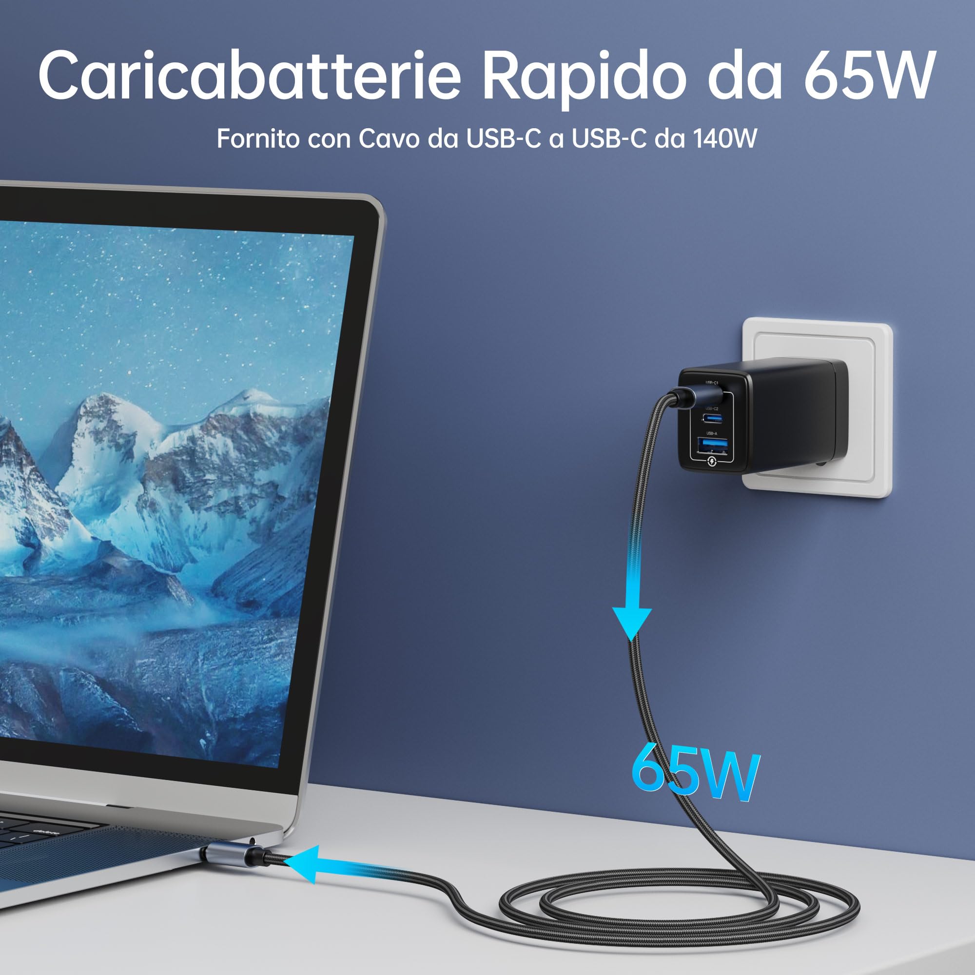 Caricatore NOHON 65W GaN USB-C - 3 Porte, PD 3.0, Con Cavo 140W | Compatibile IPhone, Macbook, Android | Bianco - Foto 2