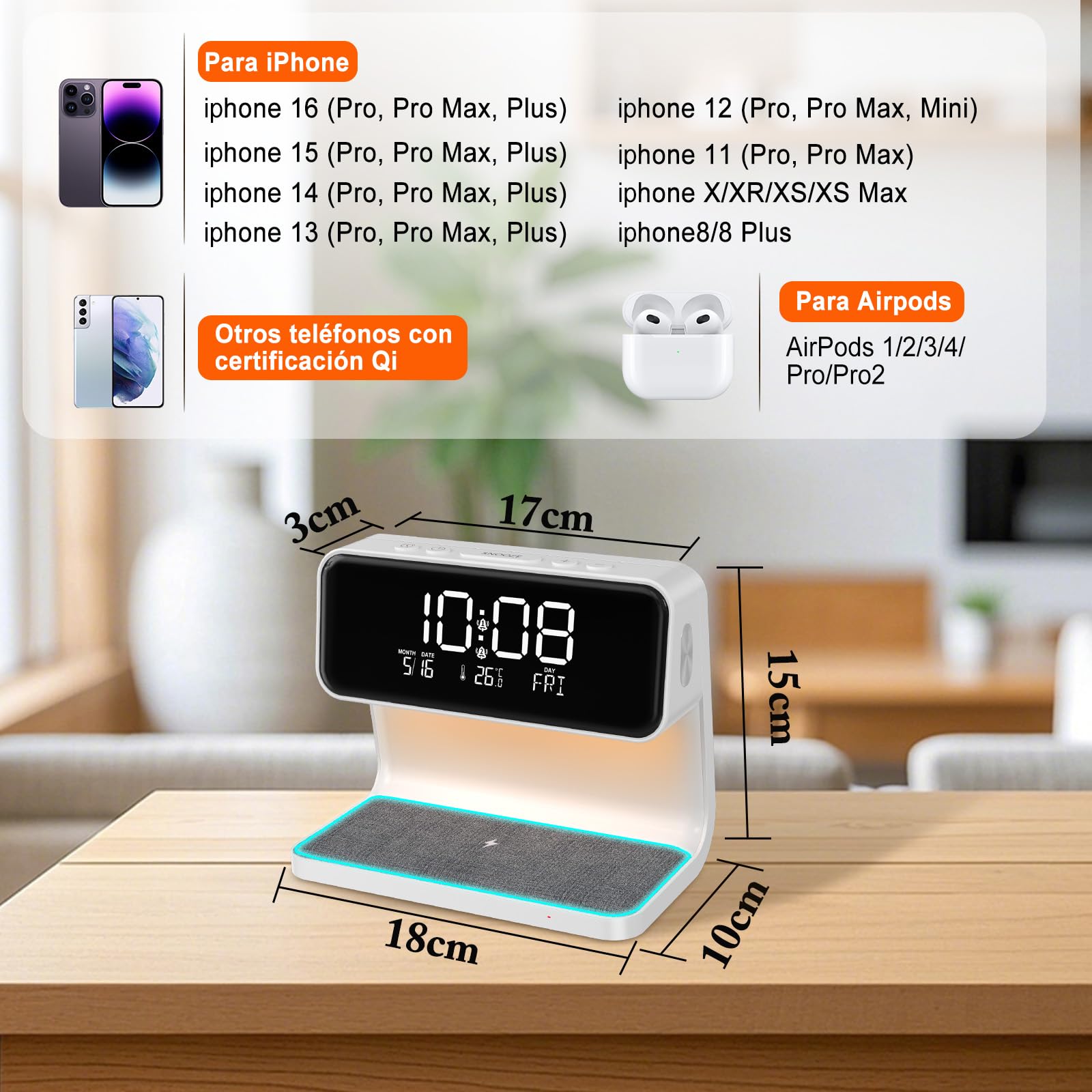 Despertador Digital, Reloj Despertador con Cargador Inalámbrico 15W, LED Pantalla Temperatura/Fecha/2 Alarmas/Snooze Ajustable/12/24H, Despertador Luz con Control Táctil para Infantil Adultos