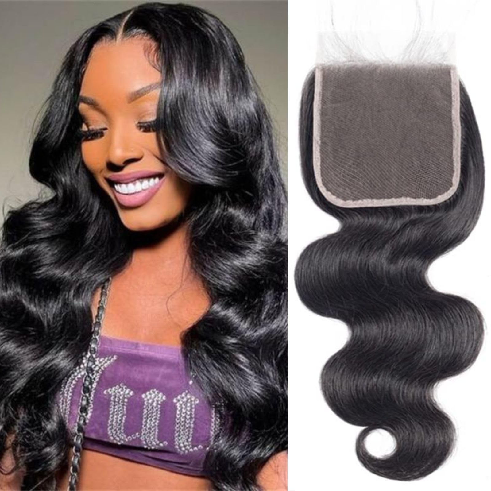 Remy Human Hair Body Wave Closure - 12A Virgin, 12 Inch, Pre-Plucked, Natural Black, Transparent Lace Frontal for Black Women
