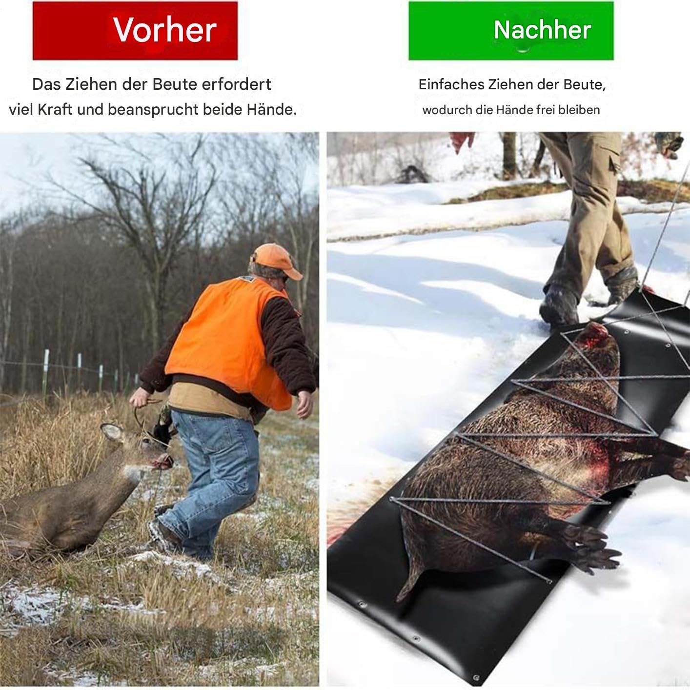Slitta Da Traino Per Cervi carrello scorrevole per traino e trasporto | carrello portaselvaggina robusto con fune Pescatore Tronchi Legna Neve Spiaggia Sabbia Pesca Ghiaccio