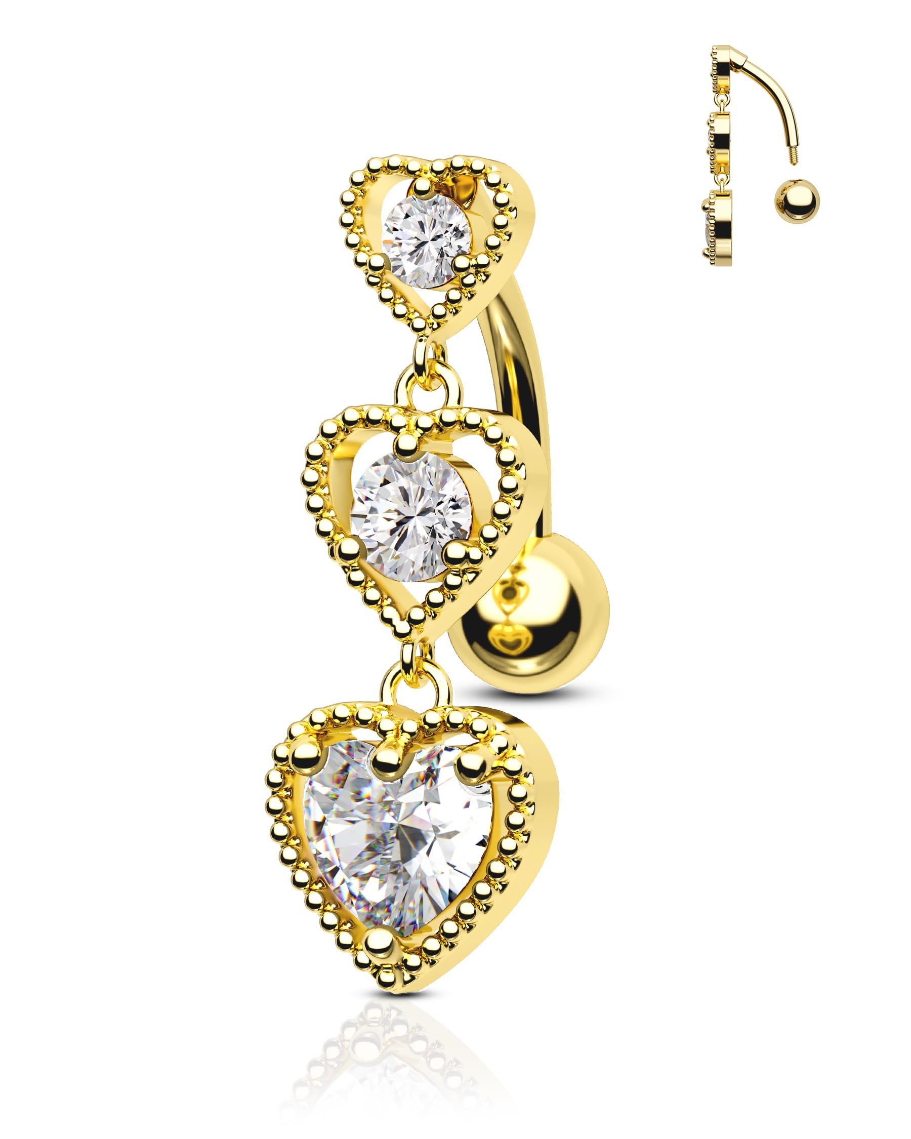 AgrewdTriple Heart Dangle Belly Button Rings - 14G Reverse Navel Rings Dangly Cute Belly Piercing Jewelry - Stainless Steel