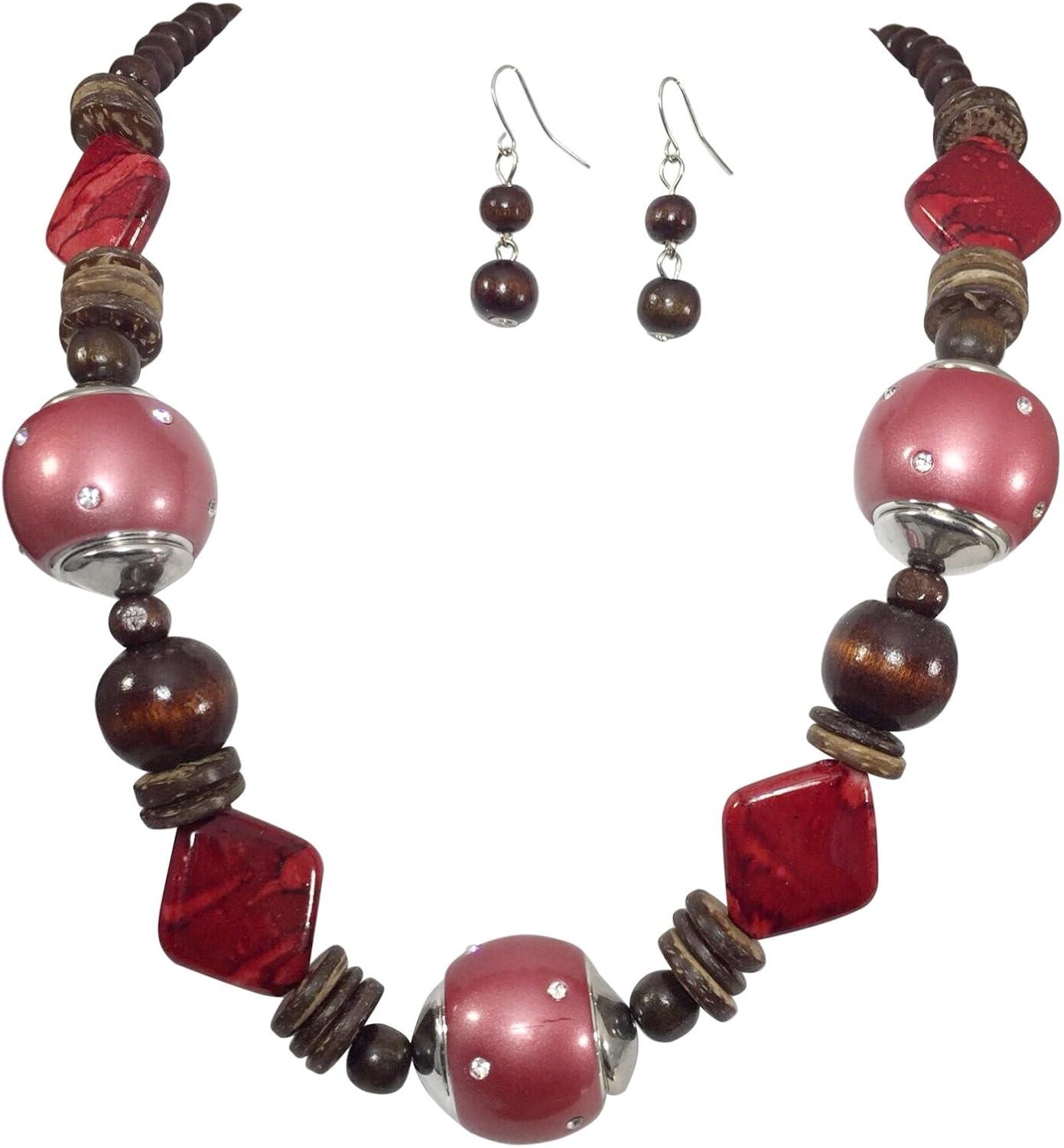 Gypsy Jewels Chunky Wood & Resin Beads with Rhinestones Unique Statement Necklace & Earrings Set (Red)