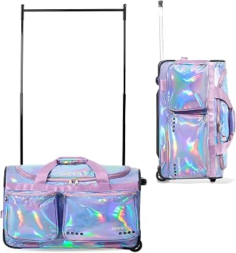 Fanwoli 28" Dance Bag with Garment Rack, Waterproof Competition Duffel | Prism-Glowing Collection|Anti-Tipping Rack|12 Costumes|9 Compartments|Wrinkle-Free|Quick Assembly|Silent Wheels