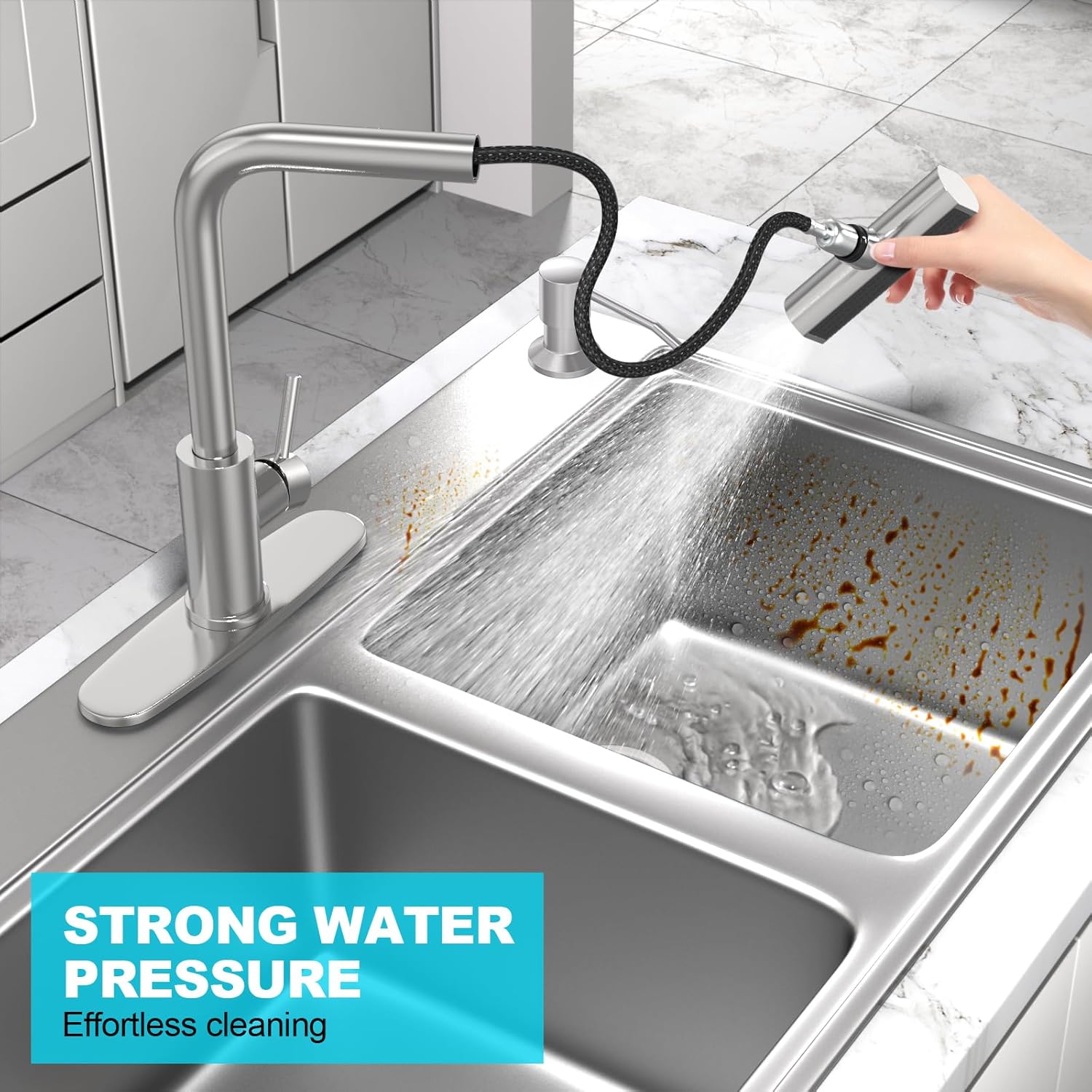 Brushed Nickel Kitchen Faucets with Pull Down Sprayer & Soap Dispenser, Single Hole & Handle, Pull Out Tap, Waterfall Stainless Steel Sink Faucet for Farmhouse Camper Laundry Rv Bar - Image 5