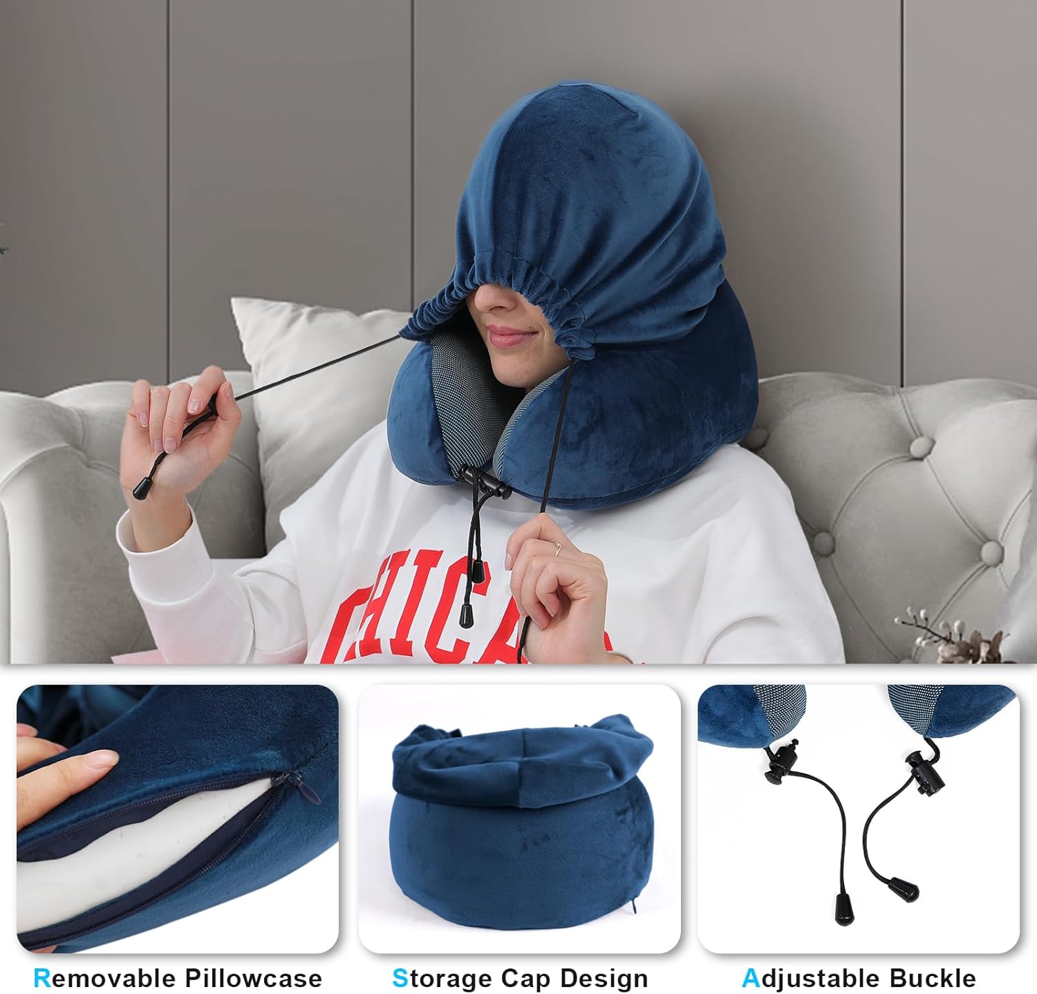 Hooded Travel Neck Pillow with 100% Pure Memory Foam - Ergonomic Support for Airplane, Car, Office, Train & Long Flights | Portable Sleeping Aid (Blue) - Image 6