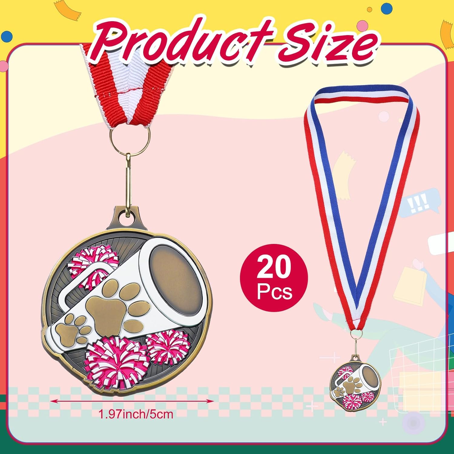 20 Pcs Paw Print Medals with Neck Ribbons 2'' Gold Medal for Awards Winner Encourage Team Participation for Kids Adults Trophy Award Prize Gift Team Competitions Party Favor Gifts