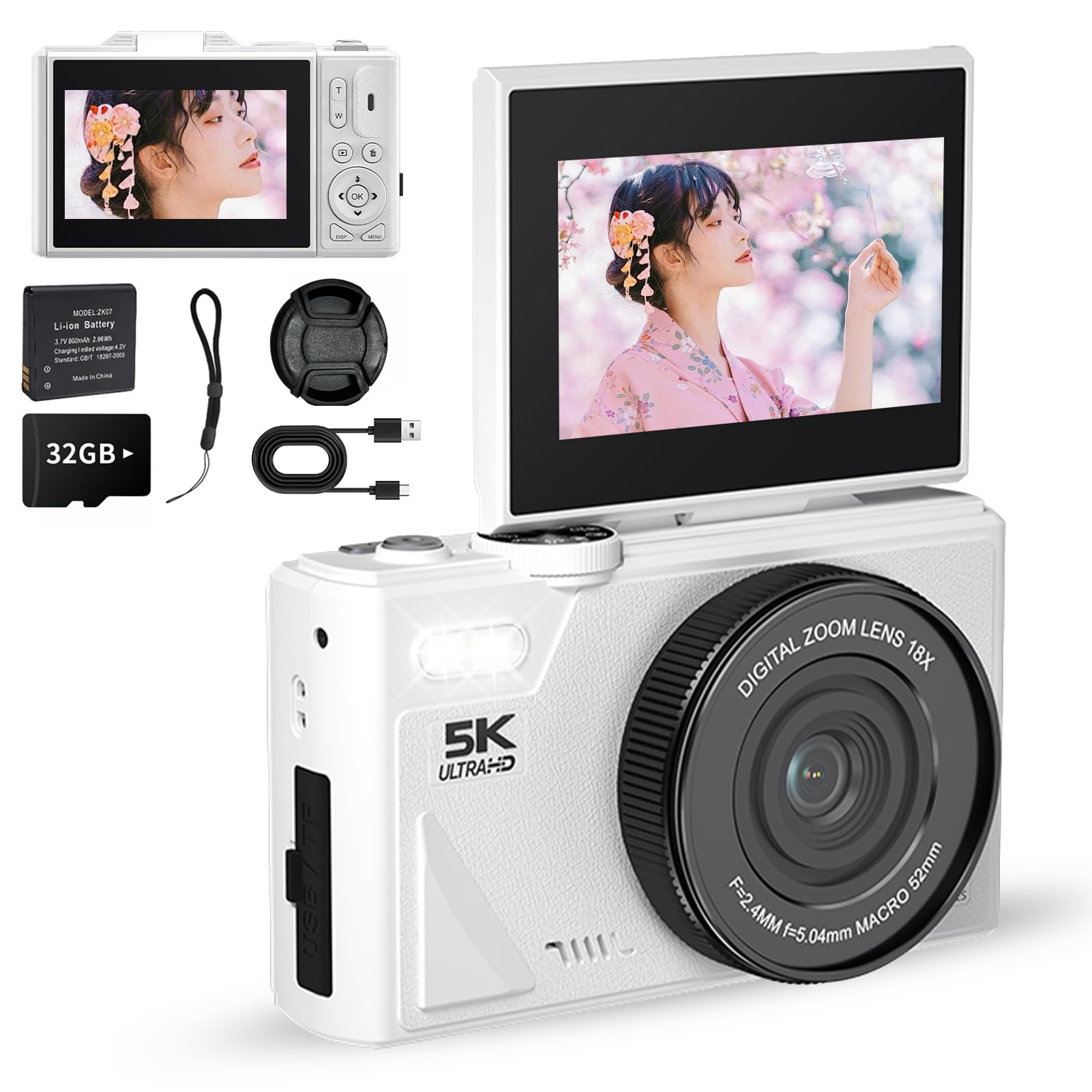 デジタルカメラ デジカメ WIFI対応 7500万画素・5K動画撮影 自撮り スマホ 転送 180°回転スクリーン 18倍ズーム ビデオカメラ AF機能 手ブレ補正 AF機能 3インチ大画面 32GBSDカード付き コンパクト 子供や初心者向け 子供の日 クリスマスプレゼント ホワイト(5K ホワイト)