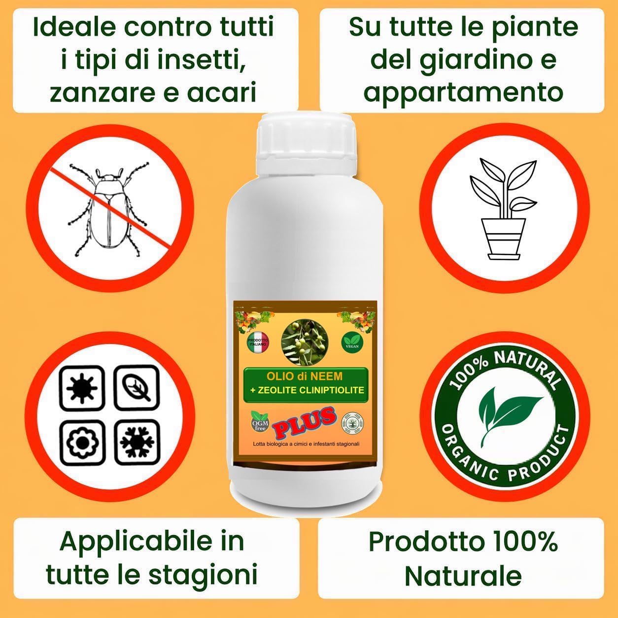 GSW© Olio di NEEM PLUS Potenziato con Zeolite e Chabasite Biologico Olio di Neem Solubile Ottimo su Orto e Giardino, 100% Naturale No OGM Atossico per Piante, Animali, Persone, Ambiente (1 Litro PLUS)