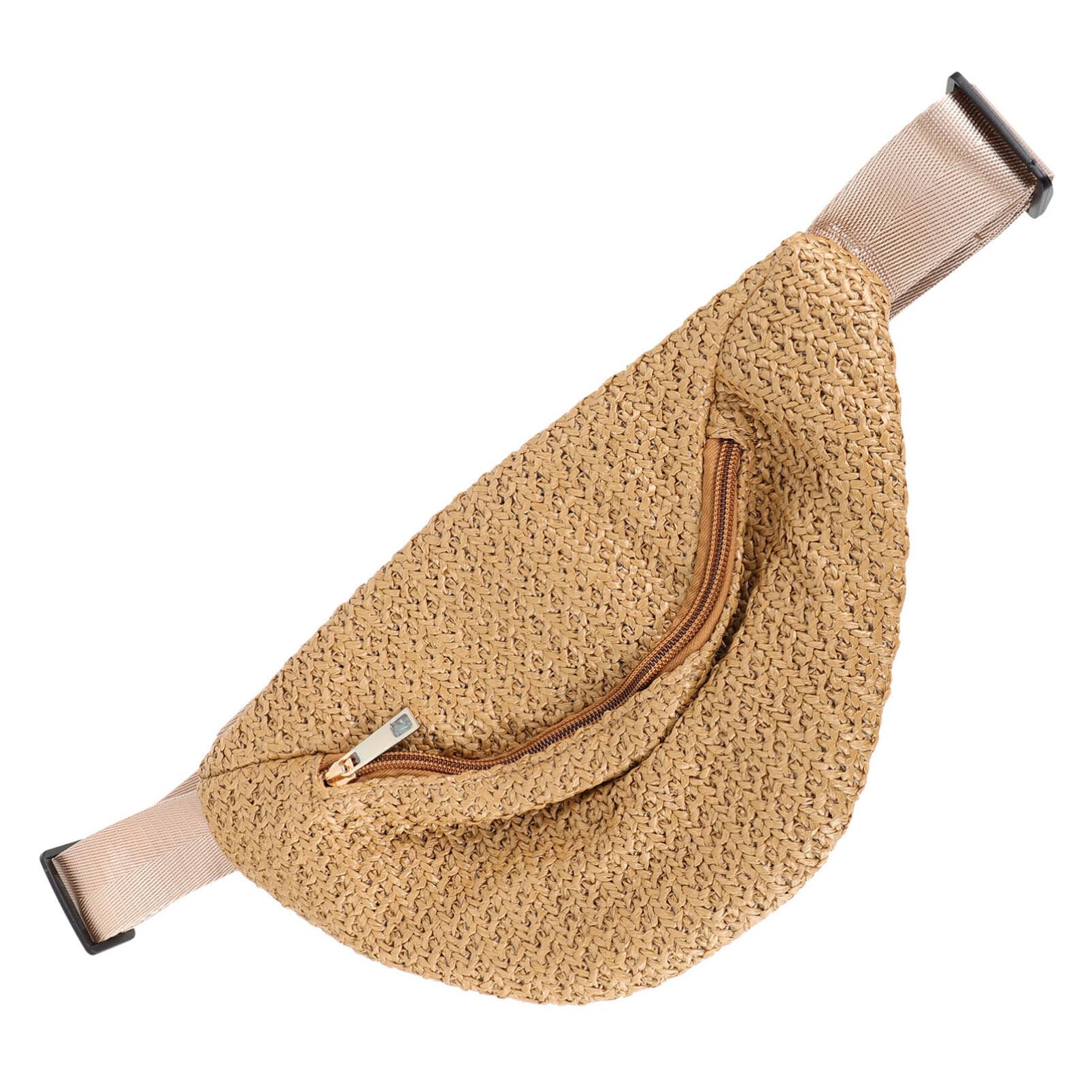 Summer Fanny Pack Women Woven Crossbody Bag Straw Waist Bag(Dark Brown)