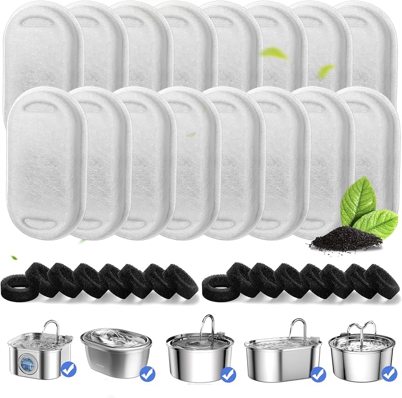 Refil para Fonte de Água para Gatos e Cães VinDox com Carvão Ativado, 16 Filtros e 16 Esponjas