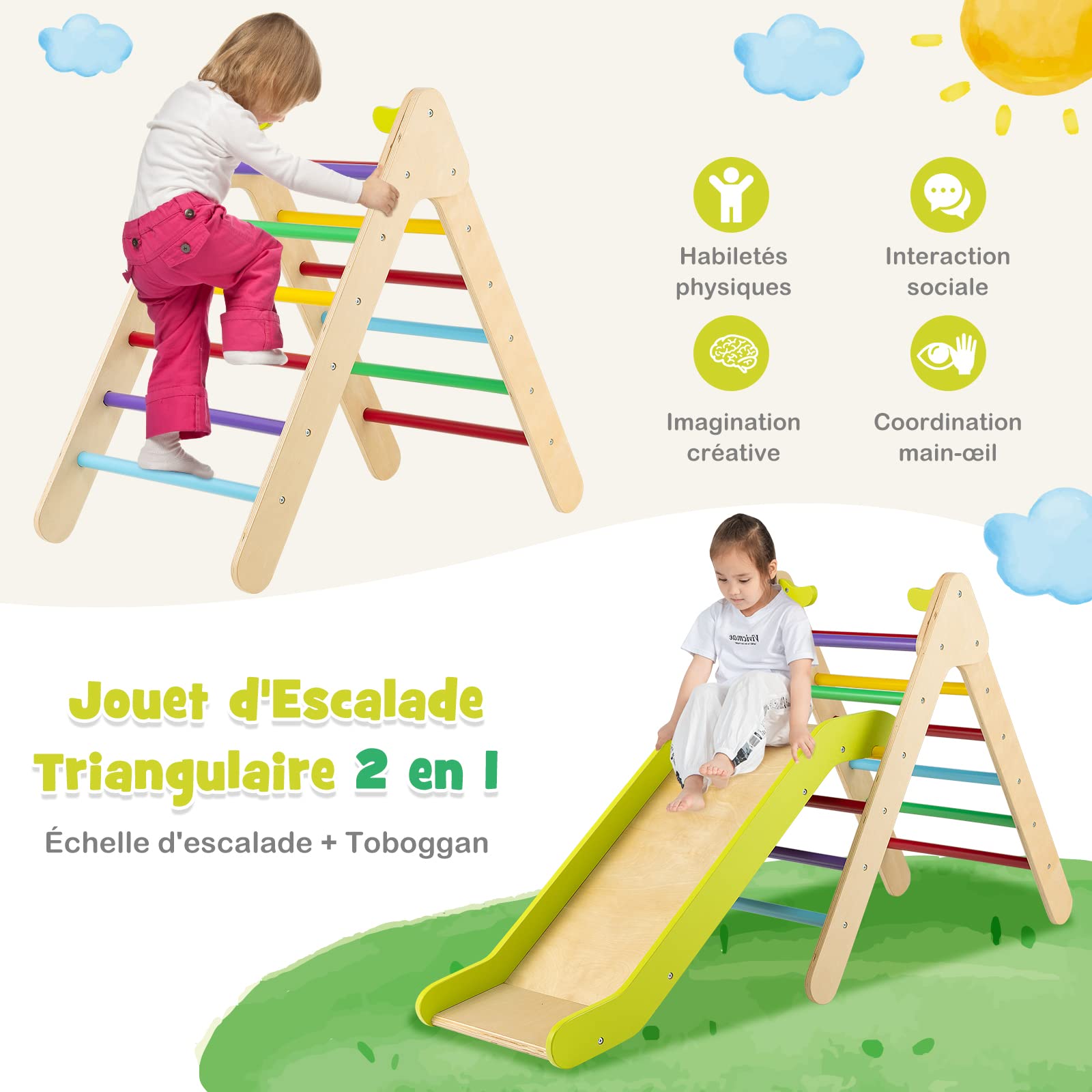 DREAMADE Triangle d'escalade avec Toboggan en Bois 3 en 1 Jouet Montessori pour Grimper & Glisser Convient à Enfants 1+ Ans (Multicolore)