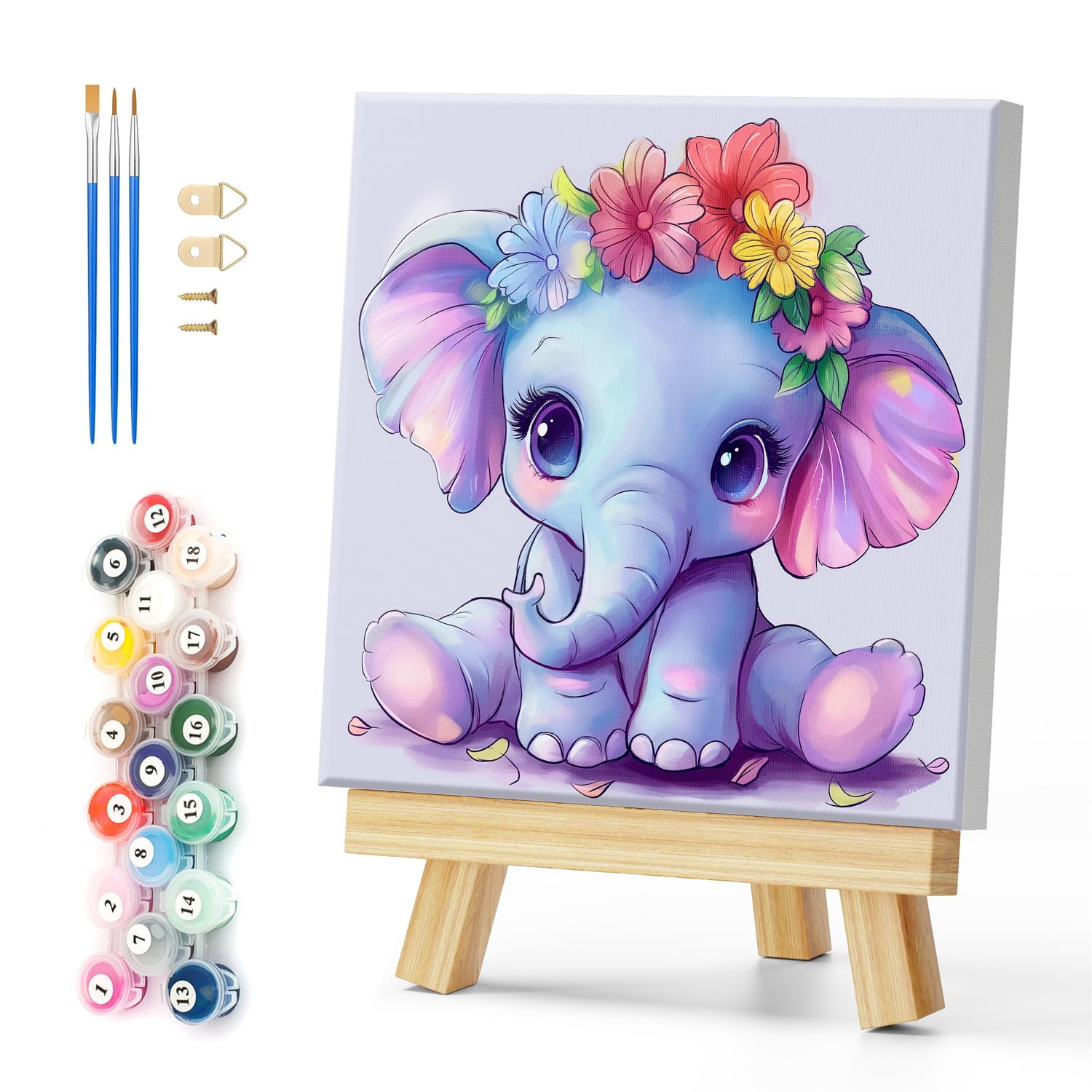 Natuyalo Framed Paint by Numbers on Canvas Elephant and Flowers Acrylic Paint by Numbers Kits for Adults Beginner Animal Pictures Painting Kits Ideal