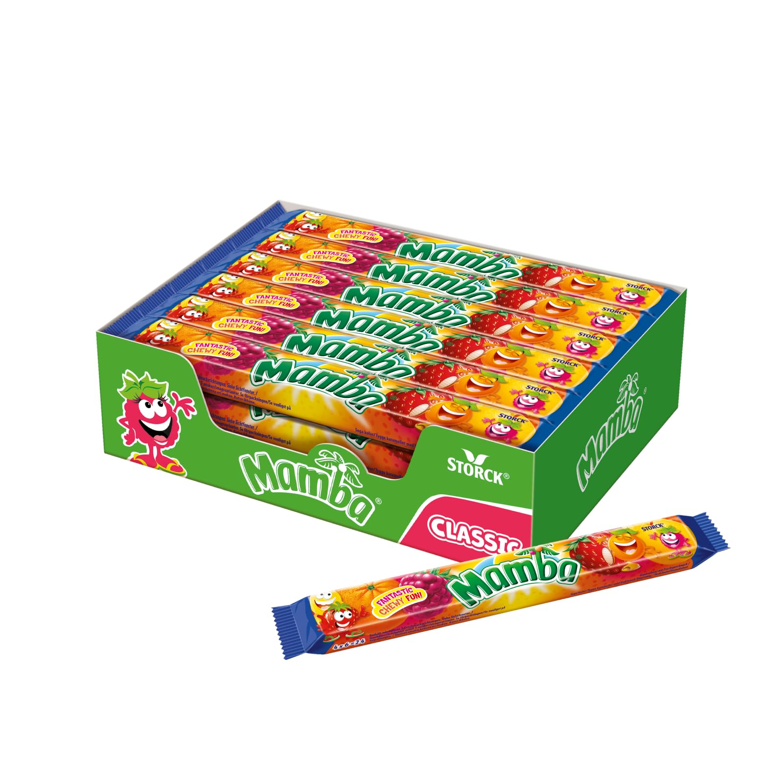 Mamba – 24 x 106g (4er Stange) – Leckere Kaubonbons mit Fruchtgeschmack in vier verschiedenen Sorten – Süßigkeiten Mix