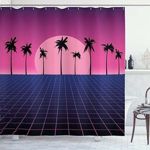 Miniatura 1 de Ambesonne Synthwave Cortina de ducha, suelo de rejilla retro con siluetas de palma y diseño de vibraciones de vapor de los años 80, juego de