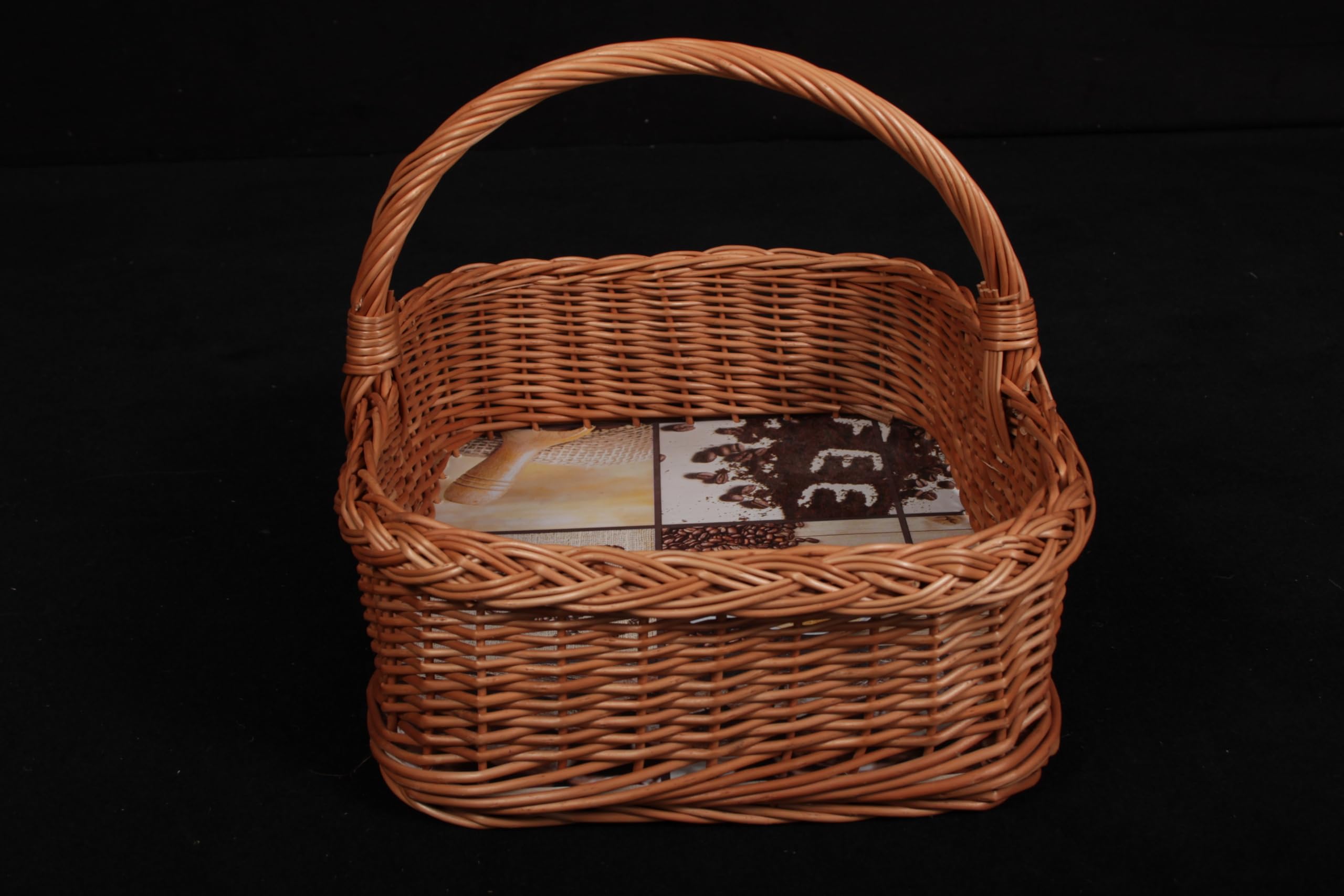 Tablettkorb mit Bügelgriff, aus unbehandelter Weide, stabiler Sperrholzboden mit hochwertiger Wachstuchfolie (Kaffee)
