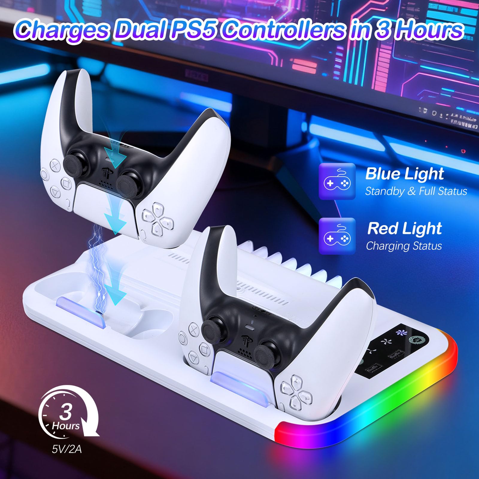 Supporto PS5 Slim/PS5 Pro con Ventola & Luce RGB, PS5 Stazione di Raffreddamento Supporto di Ricarica con Controller Ricarica Stazione di ricarica per PS5-Slim/PS5 Pro Disc & Digitale Edizione